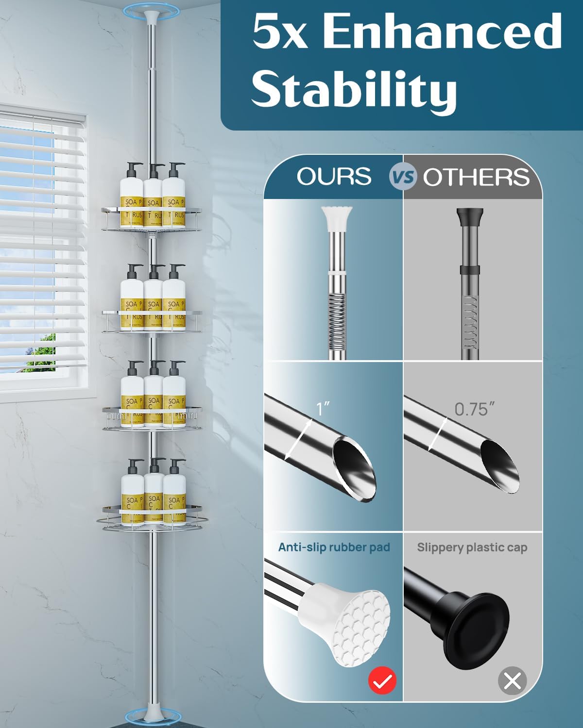 Detalle de SEIRIONE Rustproof Shower Corner Caddy Organizer with Tension Pole, 4 Adjustable Shelves