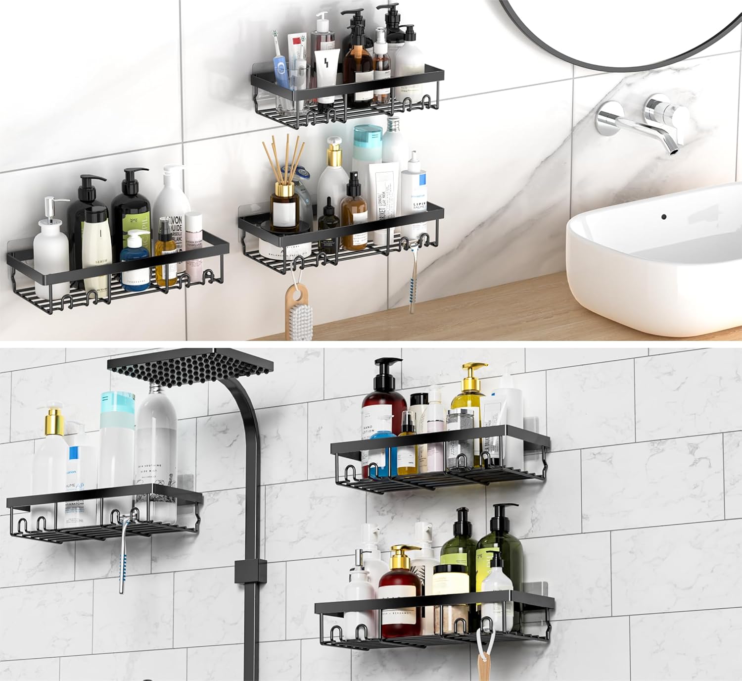 Detalle de DIFULI Shower Caddy 3 Pack – Black No-Drill Shelf Organisers
