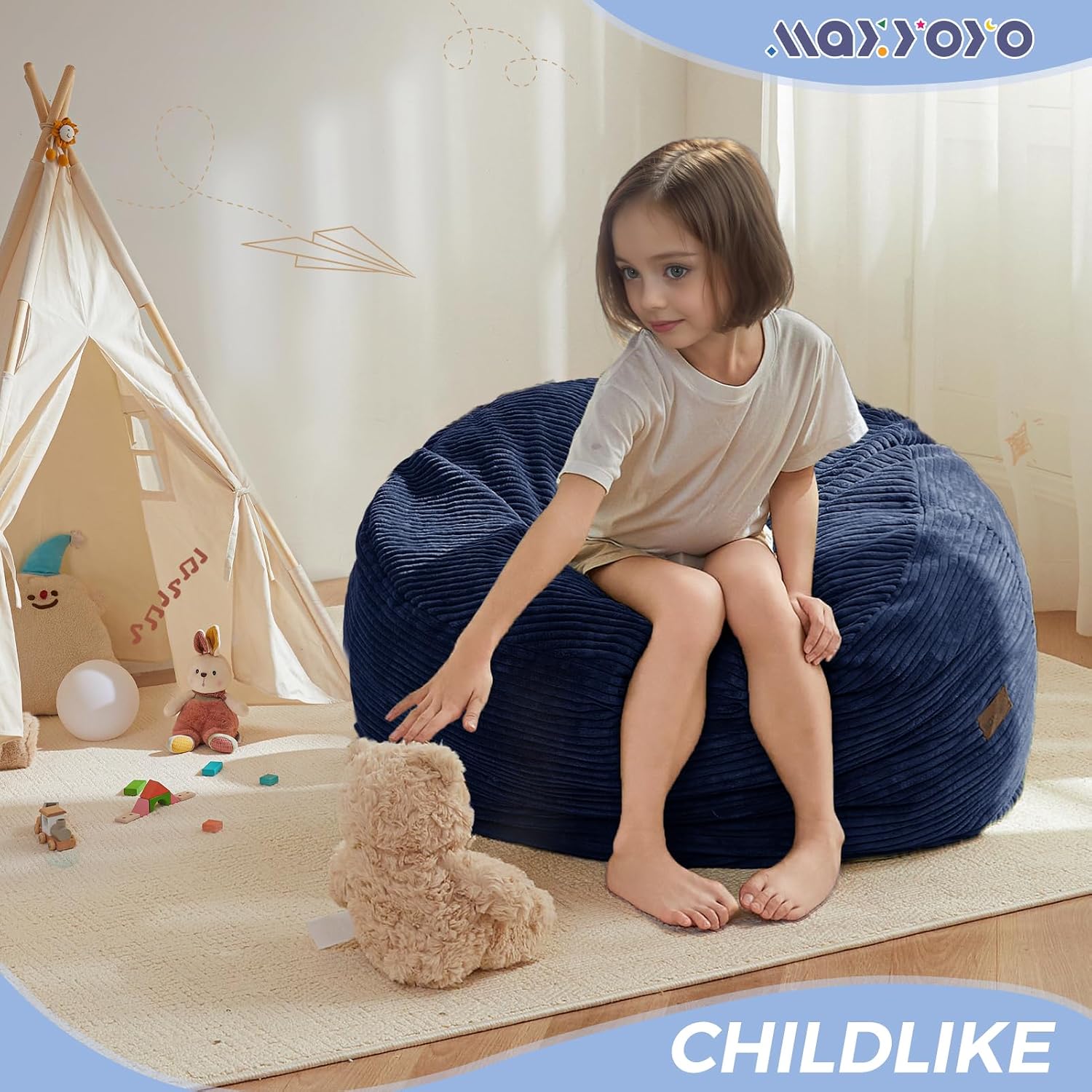 Detalle 2 de MAXYOYO K06-Series Convertible Kids’ Bean Bag Chair, Navy, Foam-Filled