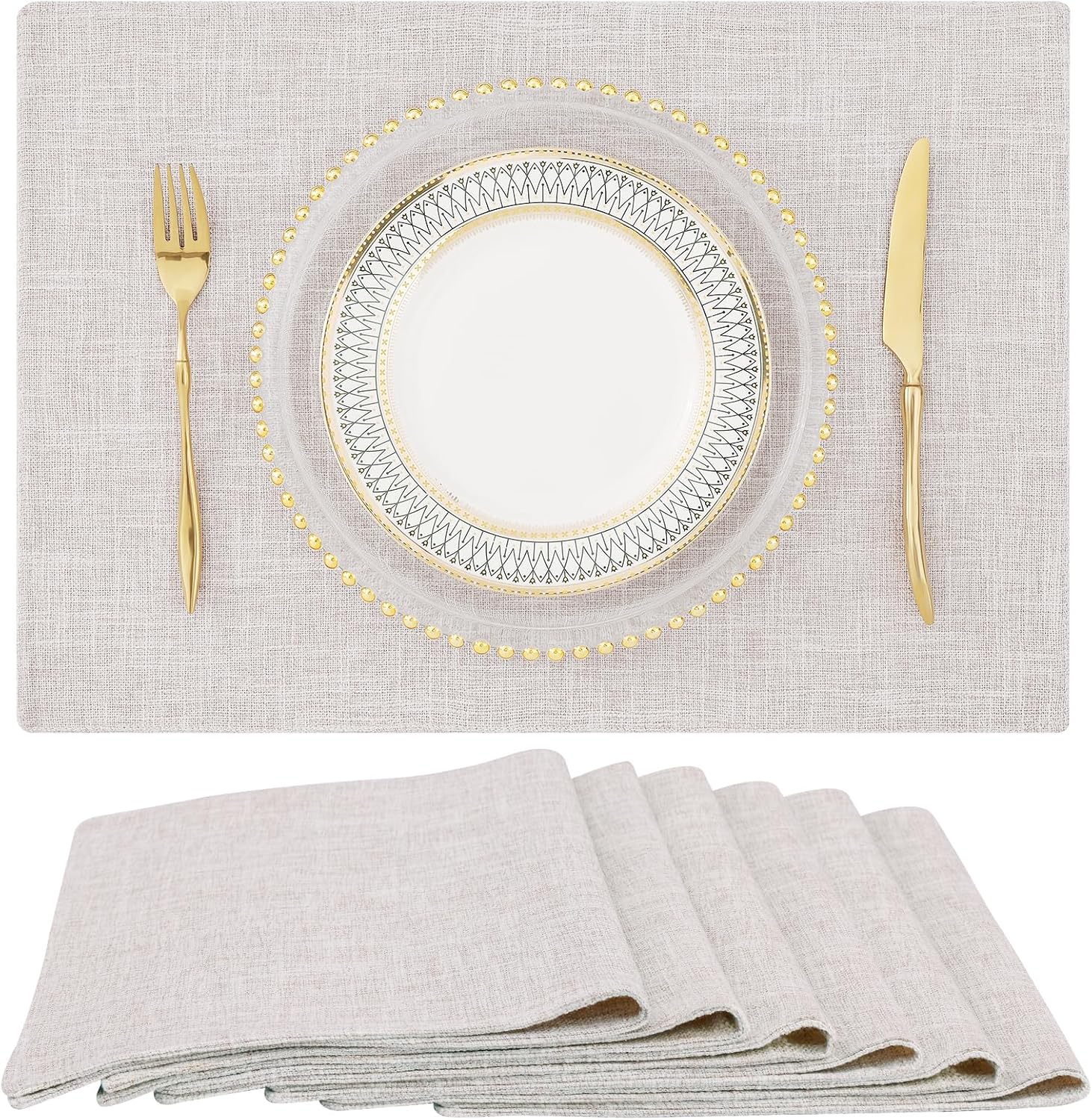 Homing Cotton Linen Placemats Set of 6 (13 x 19 Inch) in Neutral Beige