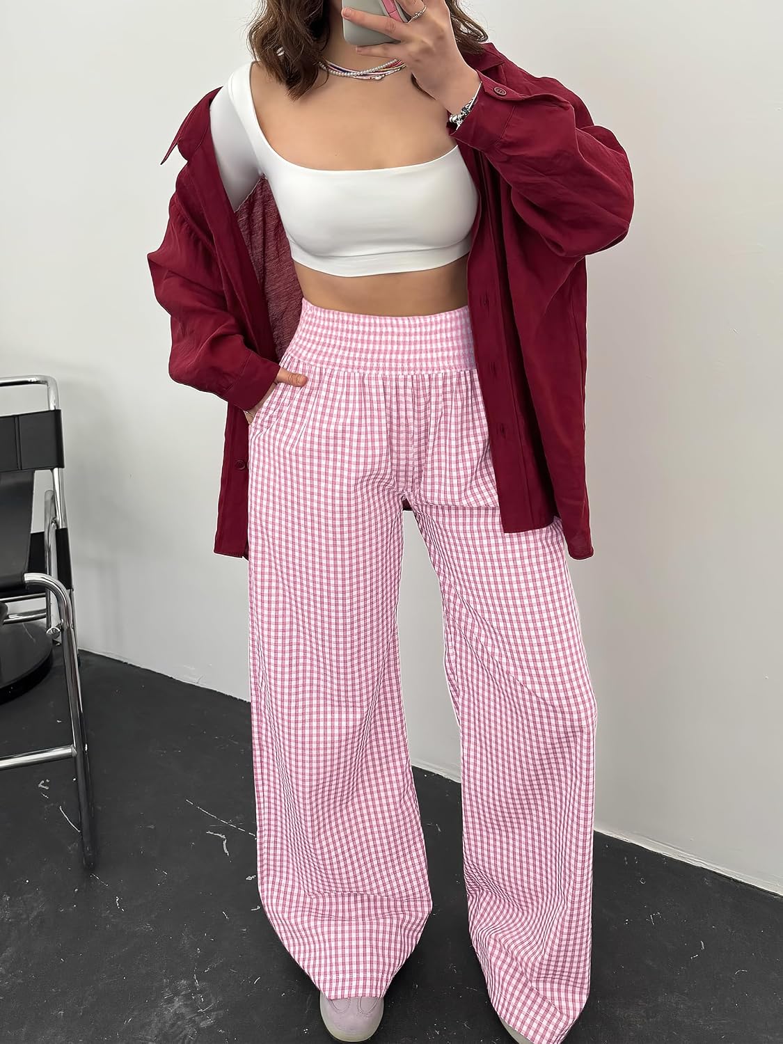 Thumbnail 6 de ANRABESS Striped Gingham Palazzo Pants – Wide Leg, Smocked High-Waisted Pajama & Lounge Pants