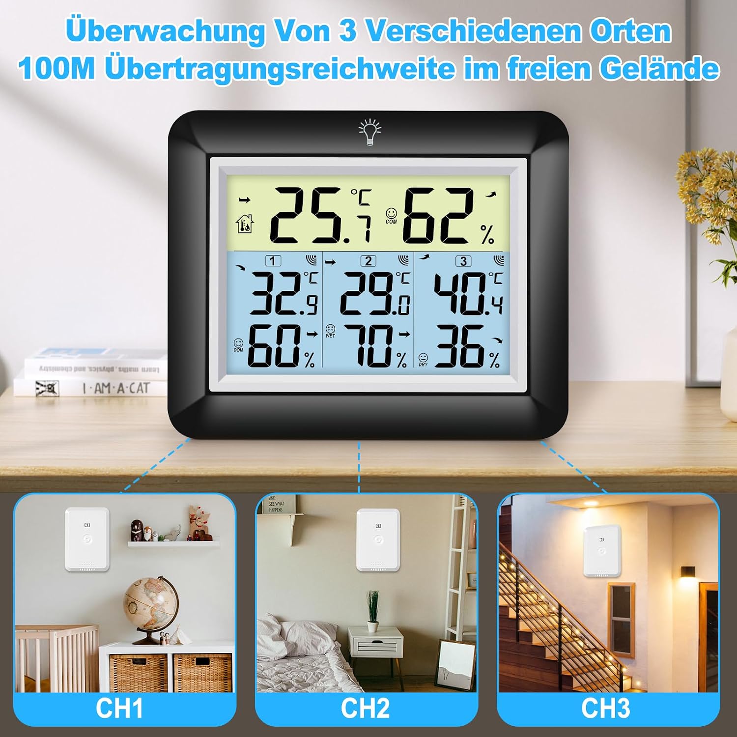 Detalle de Urageuxy Funk-Thermometer mit 3 Sensoren 🌡