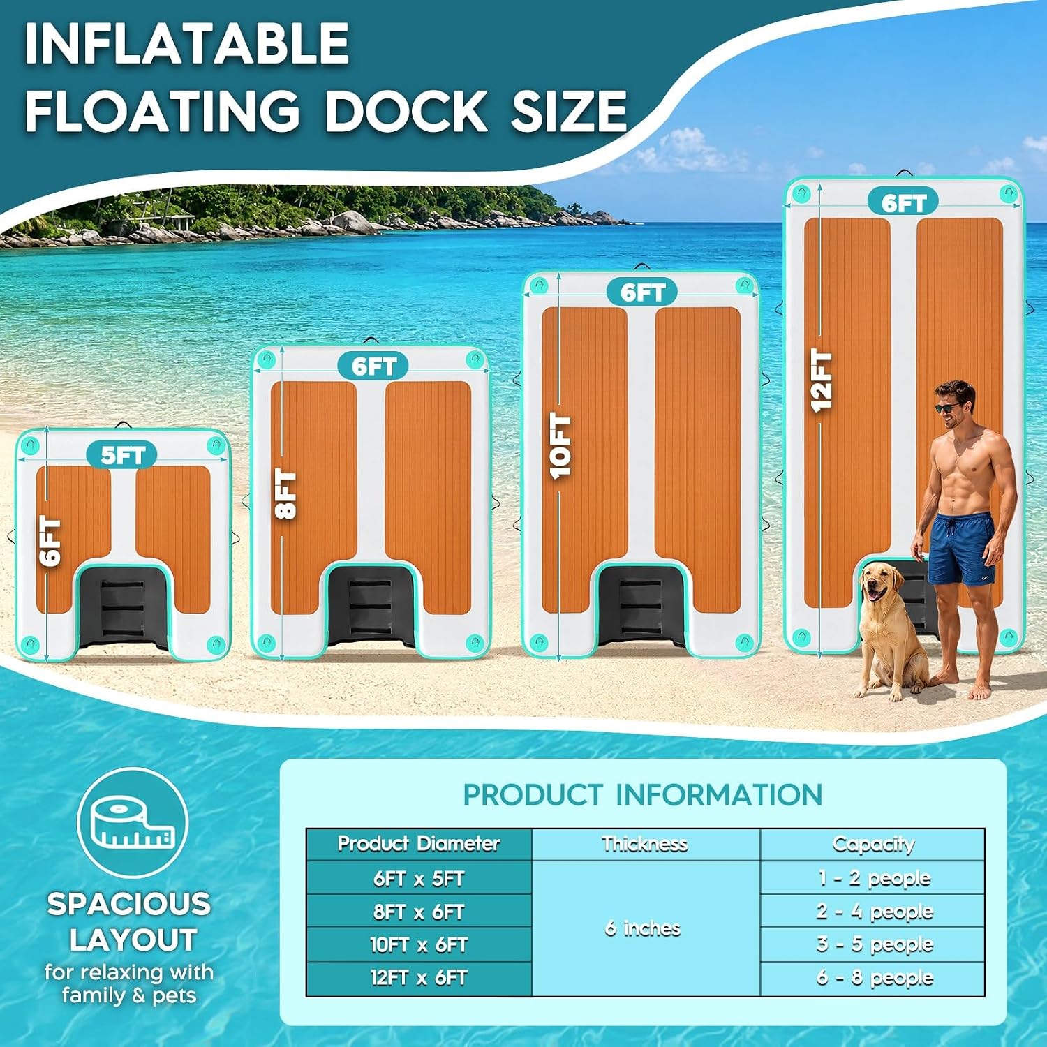 Detalle de AWEMUFA Inflatable Floating Dock with Ramp — 8ft x 6ft Large Floating Platform for Lakes, Pools, and Boats