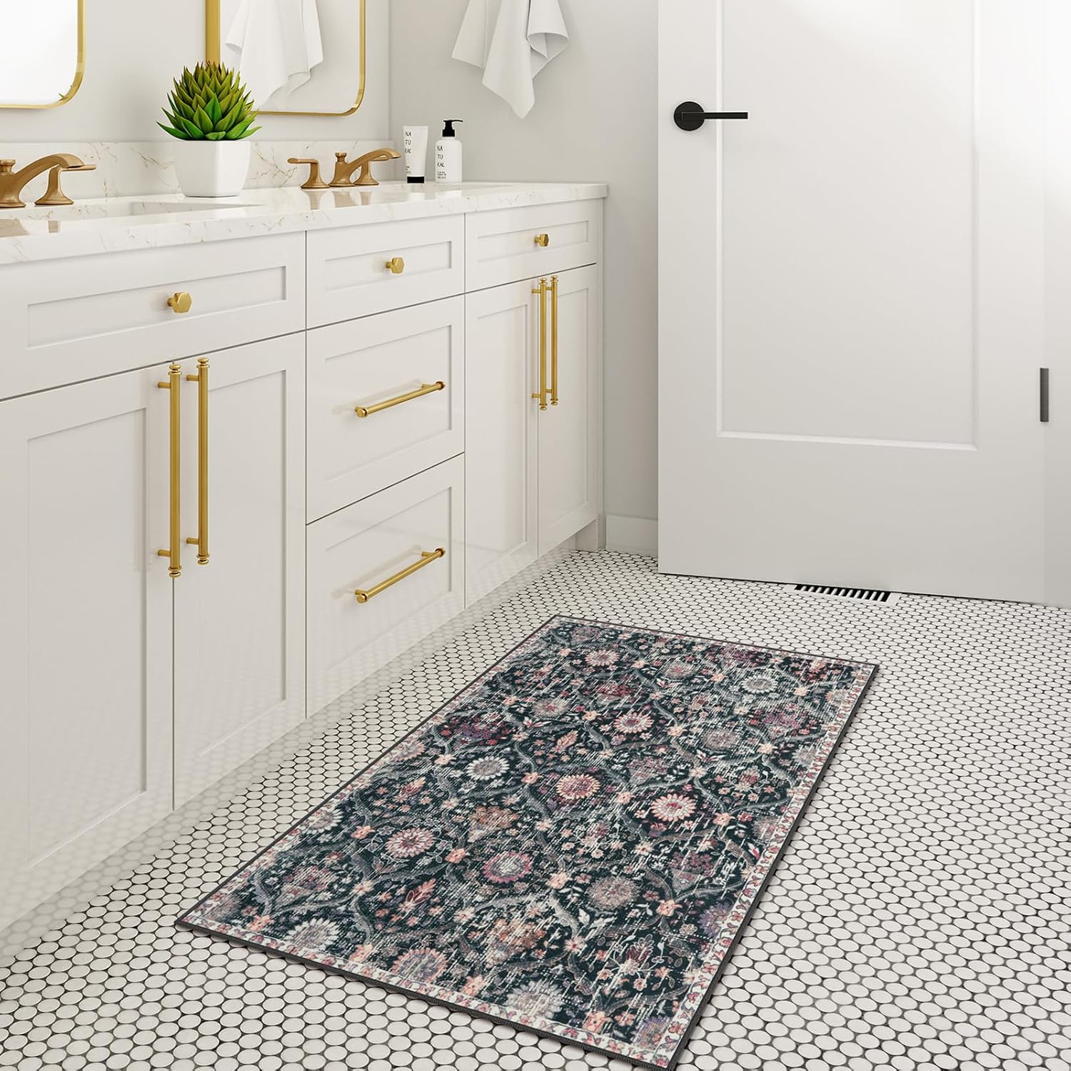Detalle de Lahome Elise 2x4 Non-Slip, Washable Moroccan Trellis Rug (Black/Multi) for Entryway and More