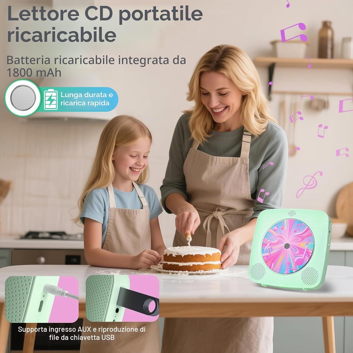 Detalle 2 de Lettore CD Portatile hi-fi Kegaudio con Bluetooth, altoparlanti e supporto a parete – Verde
