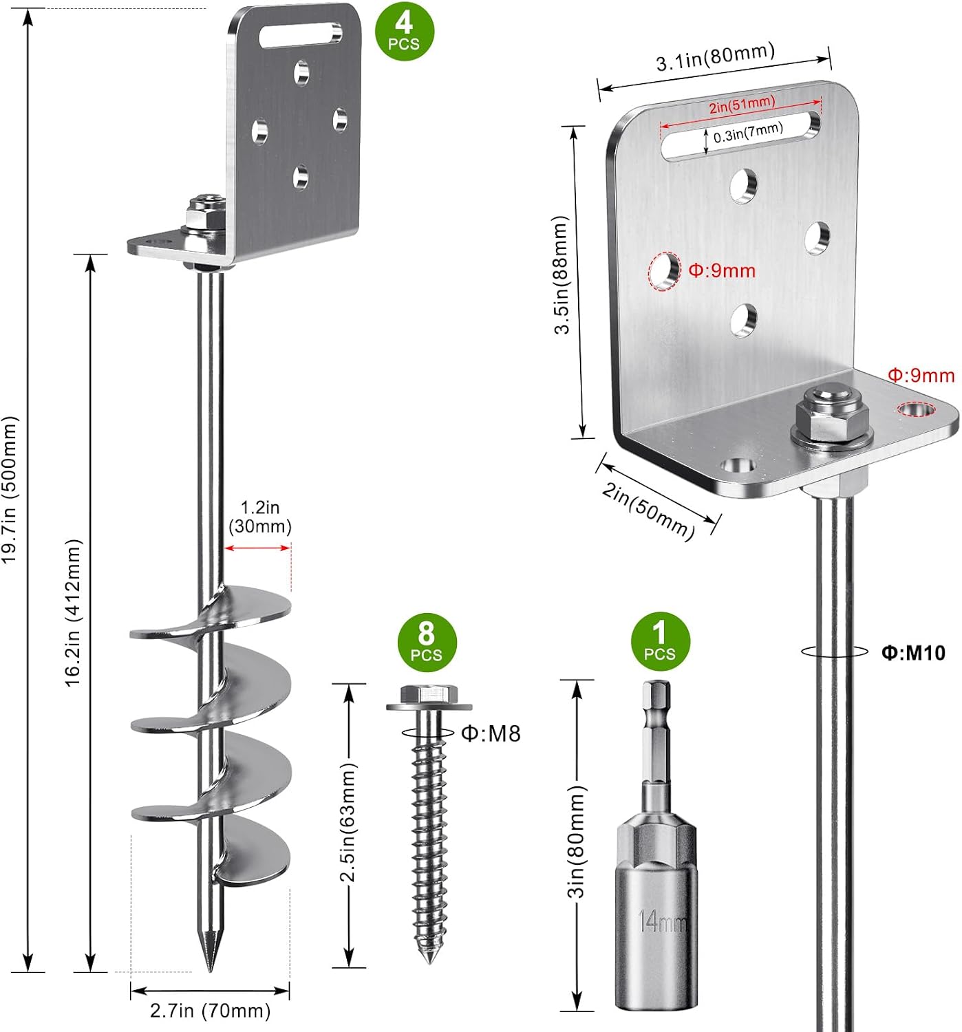 Detalle de BeneLabel Tent Peg Heavy Duty: 50cm Ground Anchor with 7.6cm Spiral and M10 Screw – 4 Pack