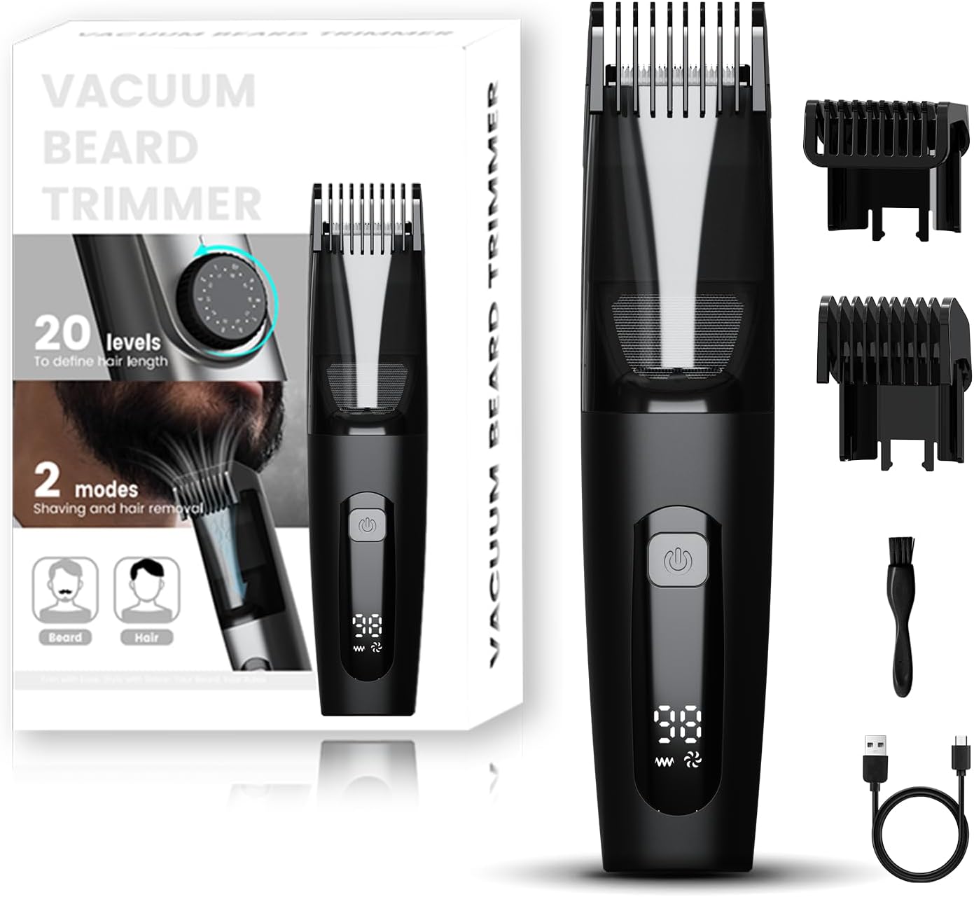 Detalle de TEPOTZ Vacuum Beard Trimmer for Men — No Mess, 40 Length Settings, Ceramic Blade, USB-C