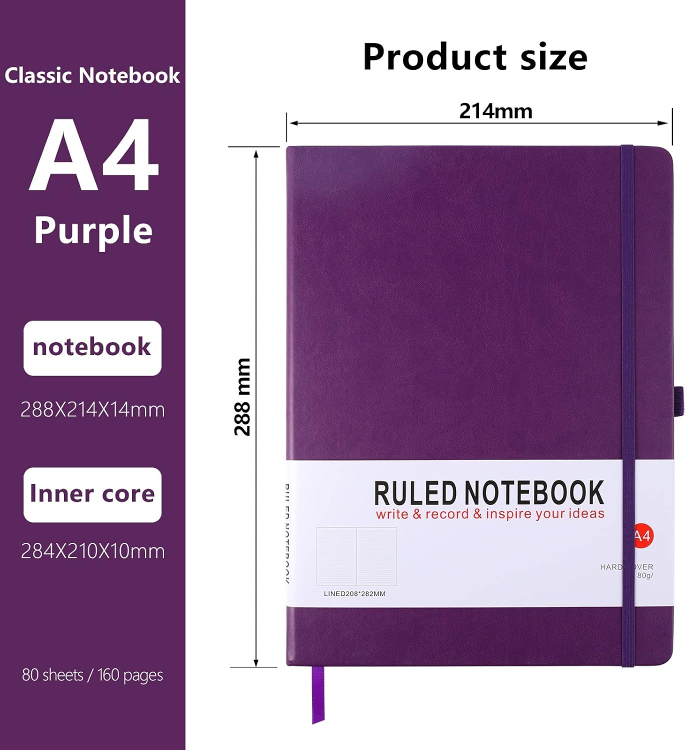 Detalle 2 de HIJYOO A4 Hardcover Notebook (160 pages) with Elastic Closure, Bookmark & Pen Loop, Purple