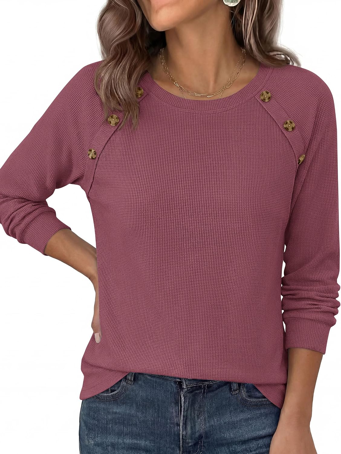 Detalle de PRETTYGARDEN PR1559 Women's Waffle-Knit Tunic Top with Raglan Sleeves