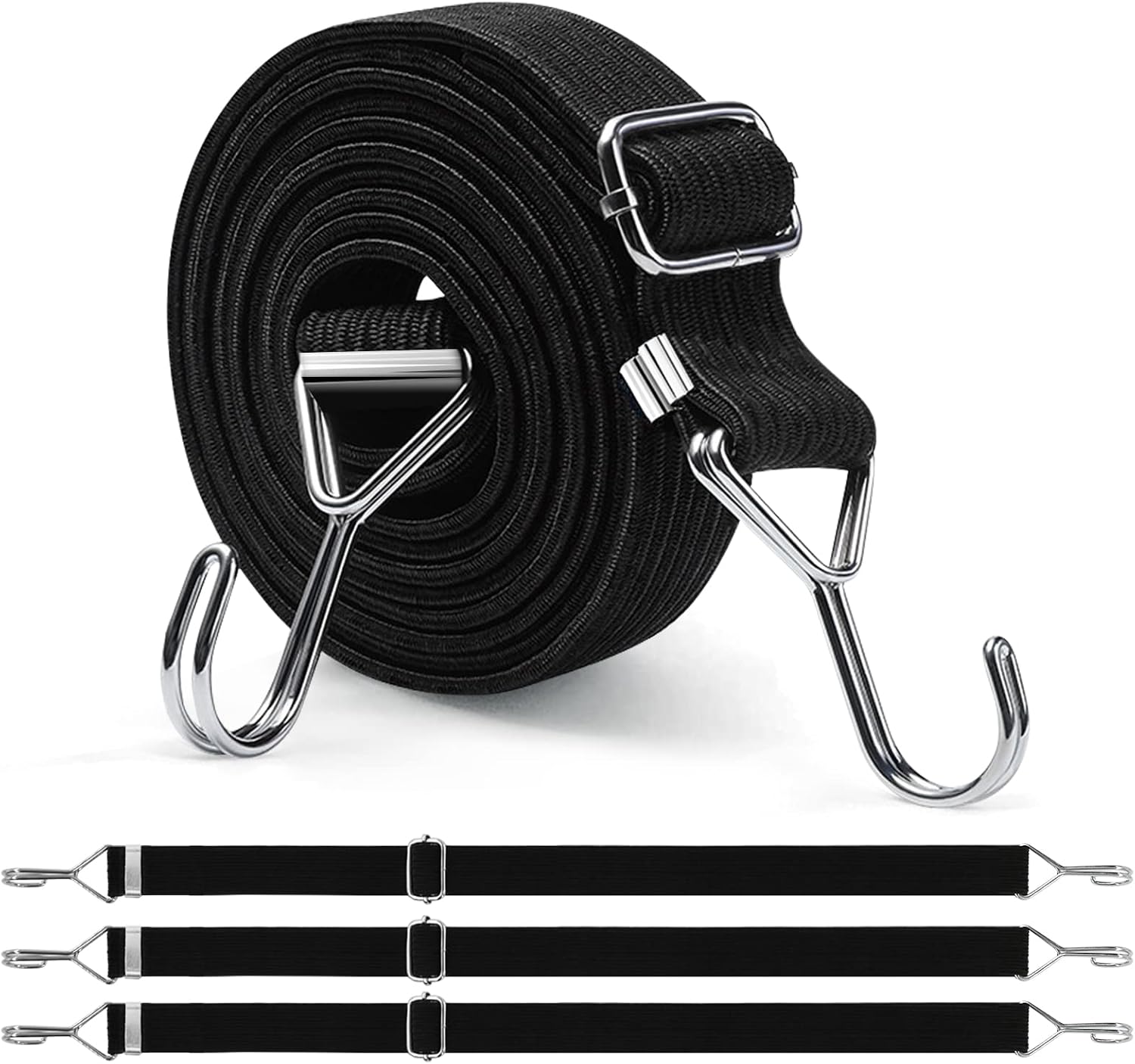 Newthinking 4 Pack Adjustable Bungee Cords with Hooks (Flat, Heavy Duty, Black, 3m)