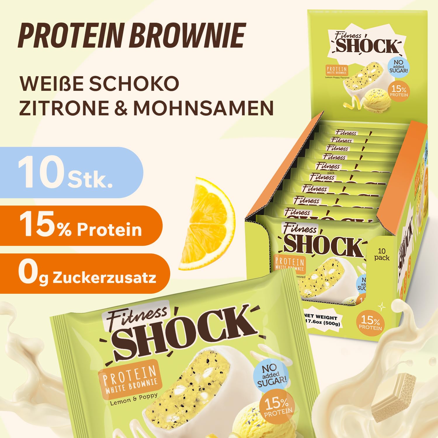 Detalle de FitnesSHOCK Protein Brownie Snack (Zitrone mit Mohnsamen) – low carb, ohne Zuckerzusatz, 15% Eiweiß