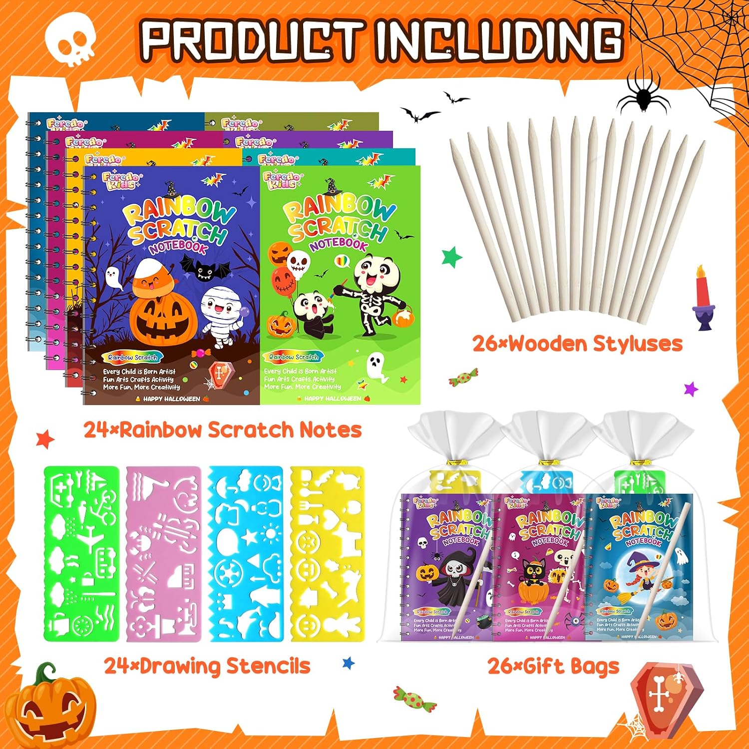 Detalle de FEREDO KIDS 24-Pack Rainbow Scratch Art Notebooks with Halloween Designs