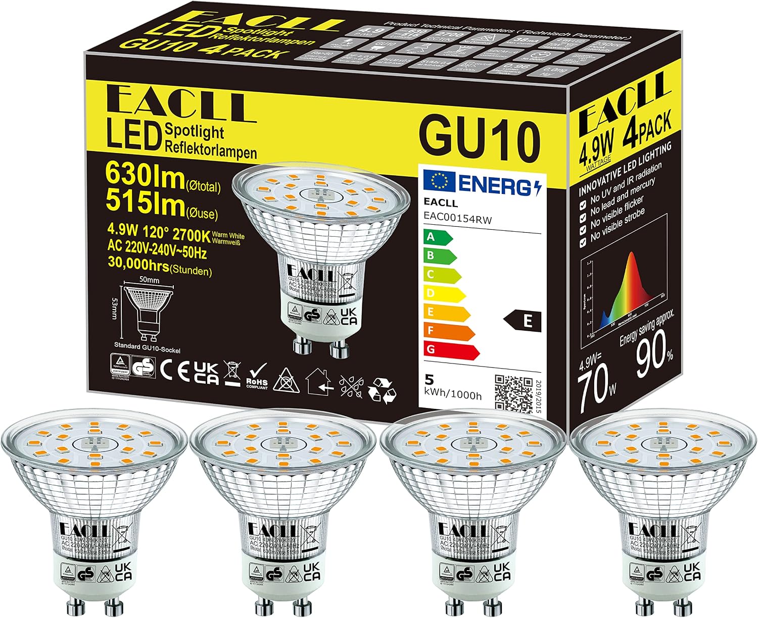 Detalle de EACLL GU10 LED Warmweiß 4.9W – 4er-Pack, 515 lm, 2700K, Nicht Dimmbar