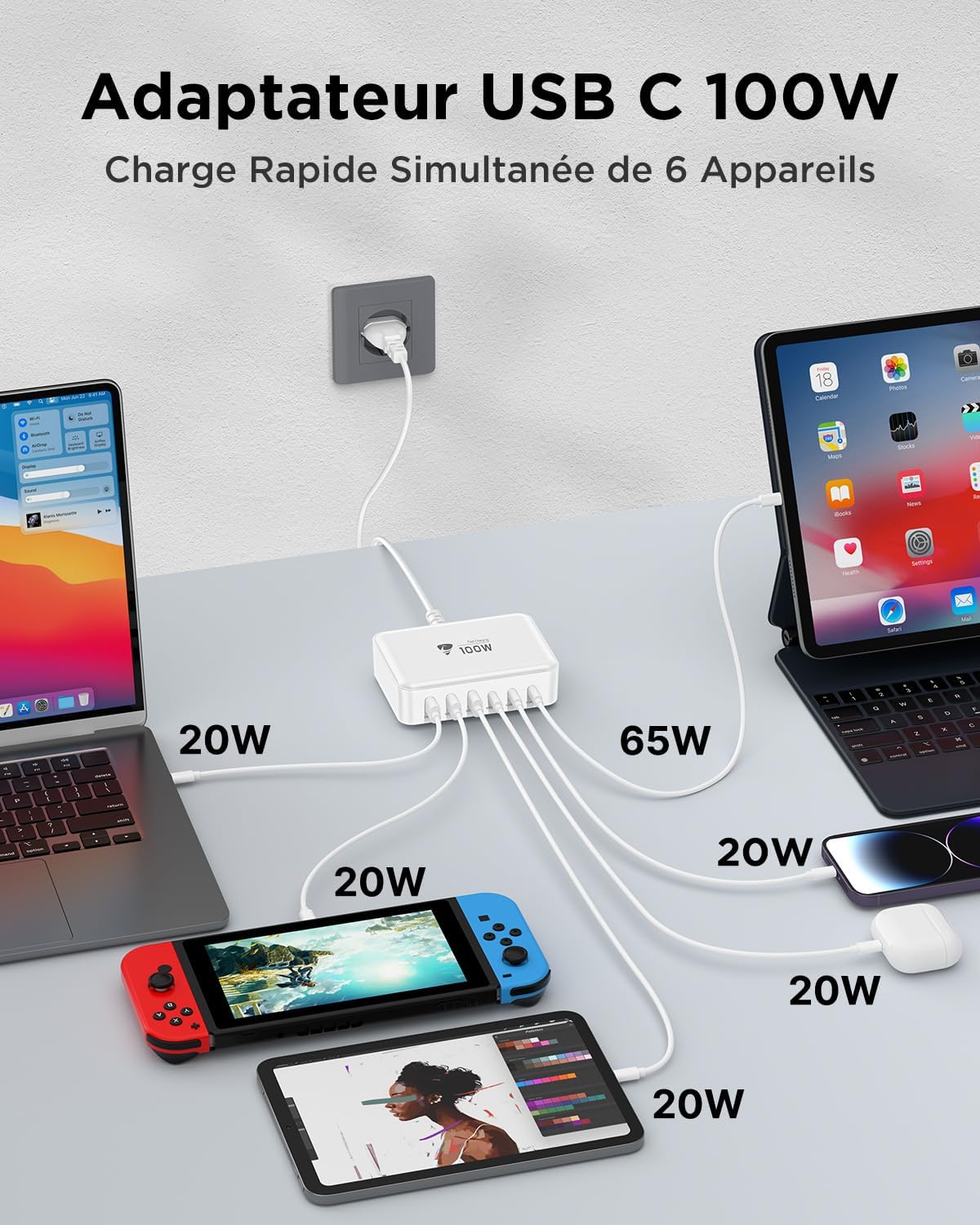 Thumbnail 2 de Chargeur USB-C 100 W 6 ports Aioneus (3 USB-C + 3 USB-A) avec charge rapide