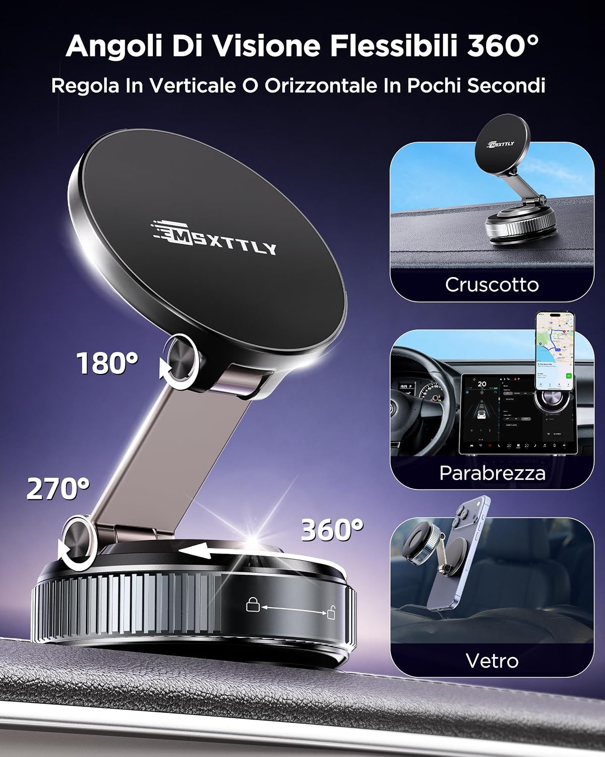 Detalle 2 de MSXTTLY Vmag‑S2 Supporto auto magnetico 360° per iPhone 17–12 Pro Max