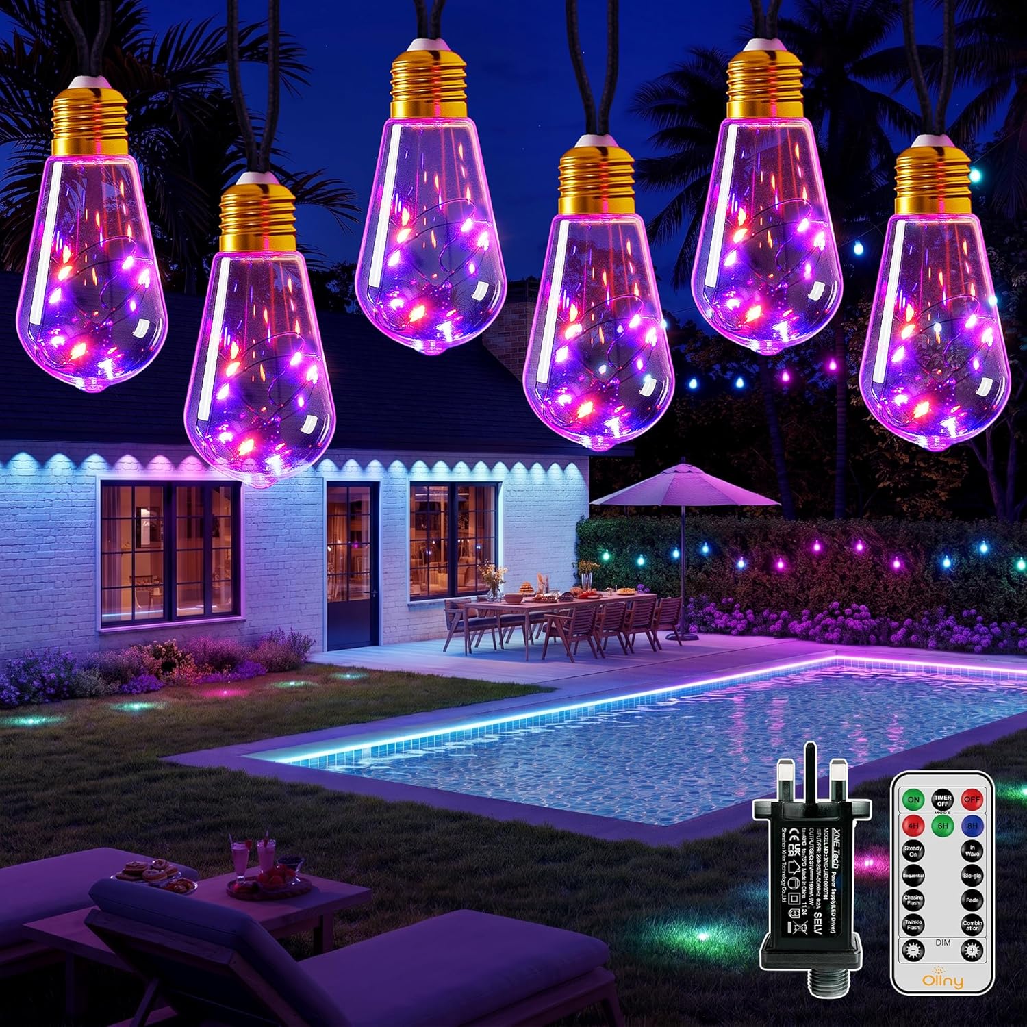 Detalle de Ollny 6m Hemp Rope Festoon Lights with 16 S17 Bulbs, 160 LEDs, Remote, Timers and Modes – Purple & Orange