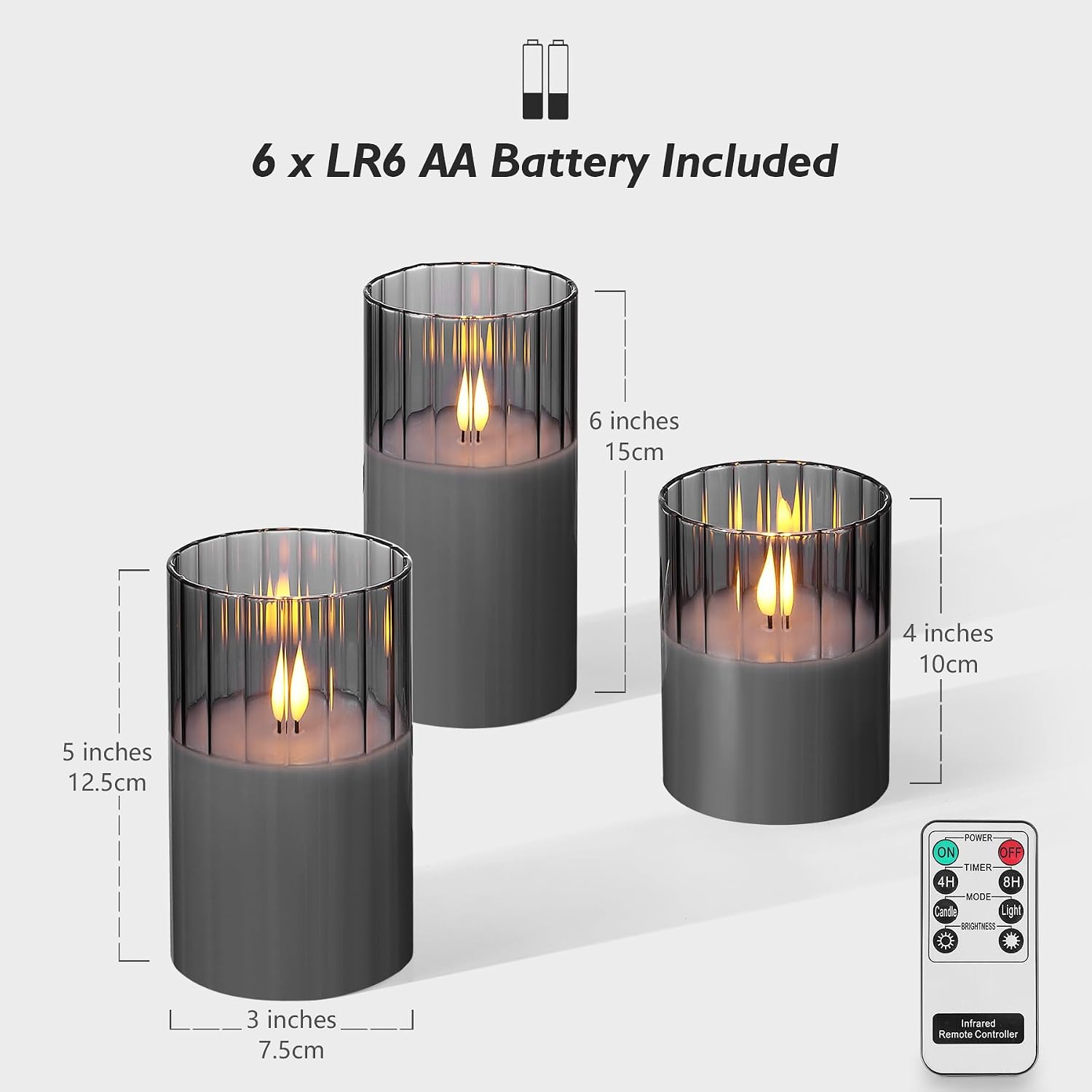 Detalle de Rhytsing Smoked Ribbed Glass Battery Operated LED Candles with Remote Timer Gift Set (Set of 3)