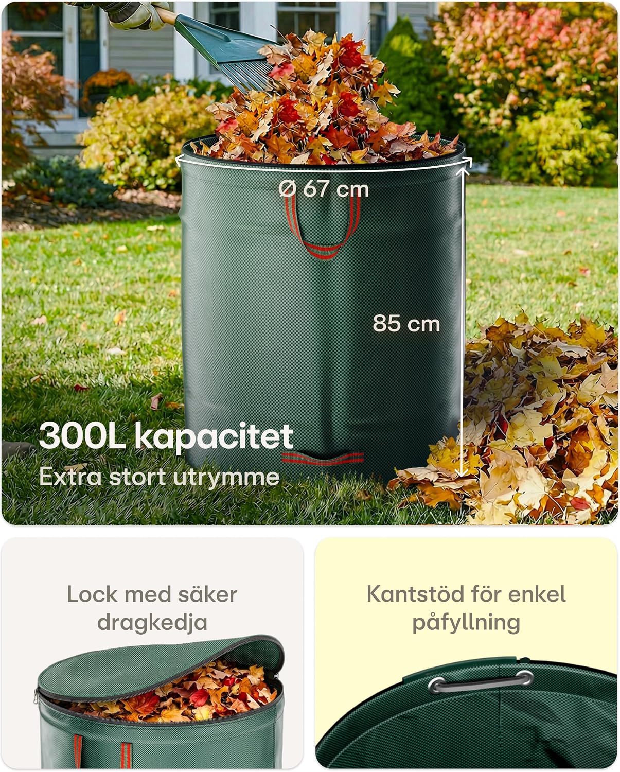 Detalle 2 de Praknu lövsäckar med lock, 300 liter, fyra handtag och hopfällbar design