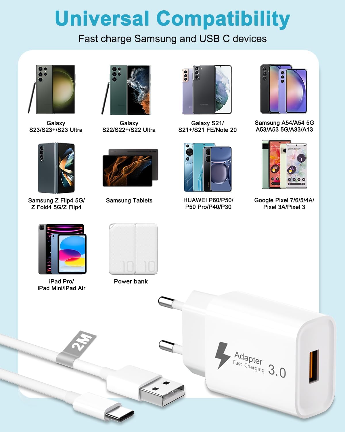 Thumbnail 6 de Chargeur USB rapide 18W avec câble USB-C 2 m – Quick Charge 3.0, prise secteur pour Samsung, Xiaomi, Huawei