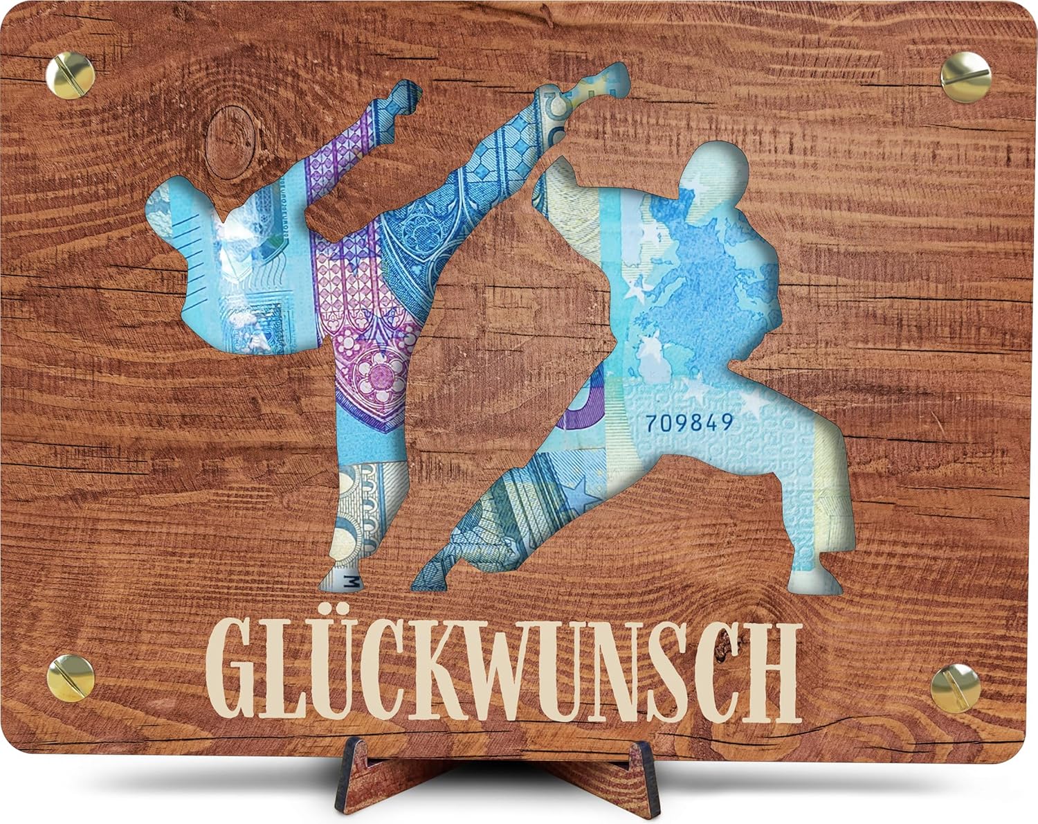 XL Geldgeschenk aus Holz „Kampfsport“ inkl. Ständer – 20×15 cm für MMA, Karate, Taekwondo & Co.