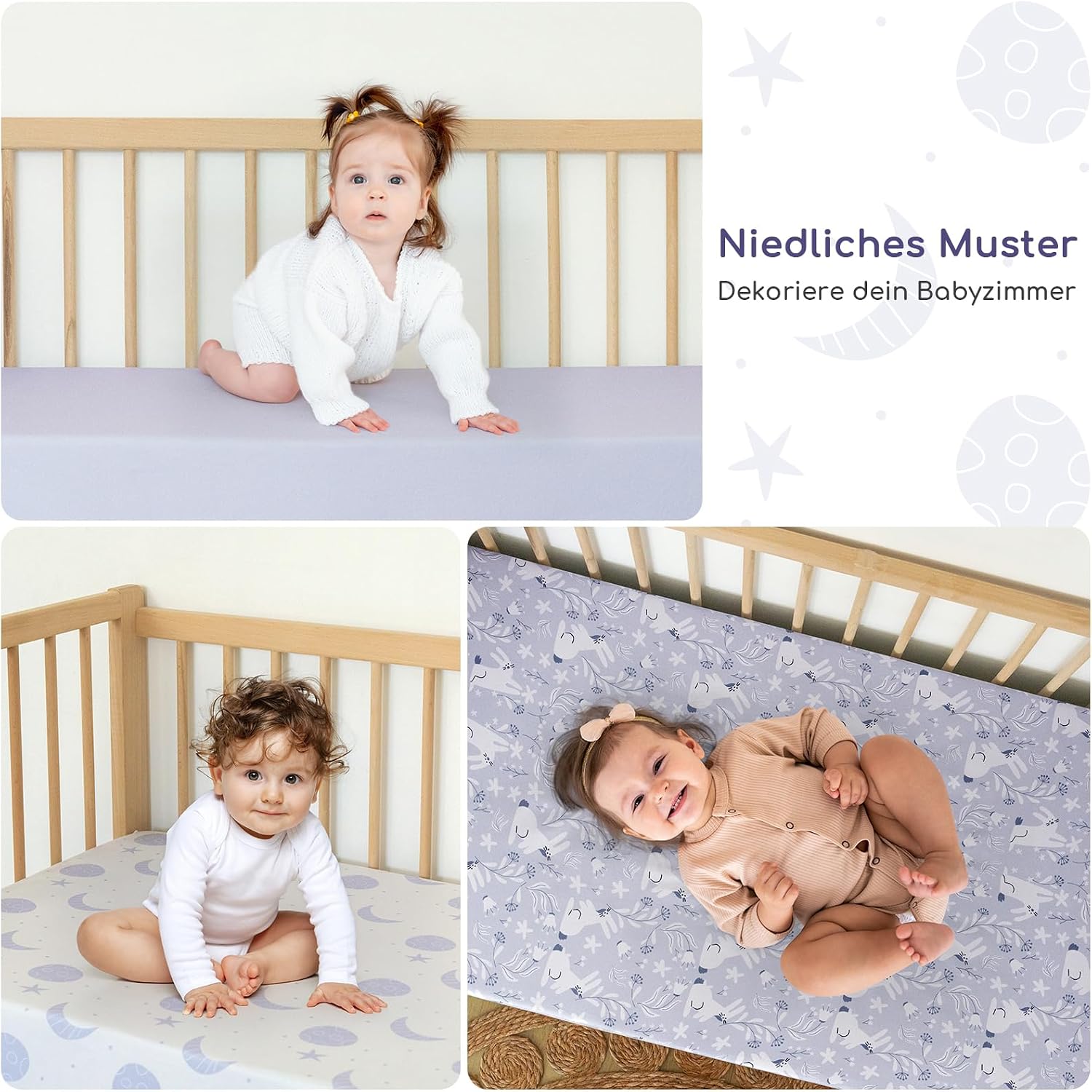 Detalle 2 de Yukkidds Spannbettlaken 60x120 cm im 3er-Pack – Baby‑Weiche Microfaser, atmungsaktiv, pflegeleicht, rundum gummiert