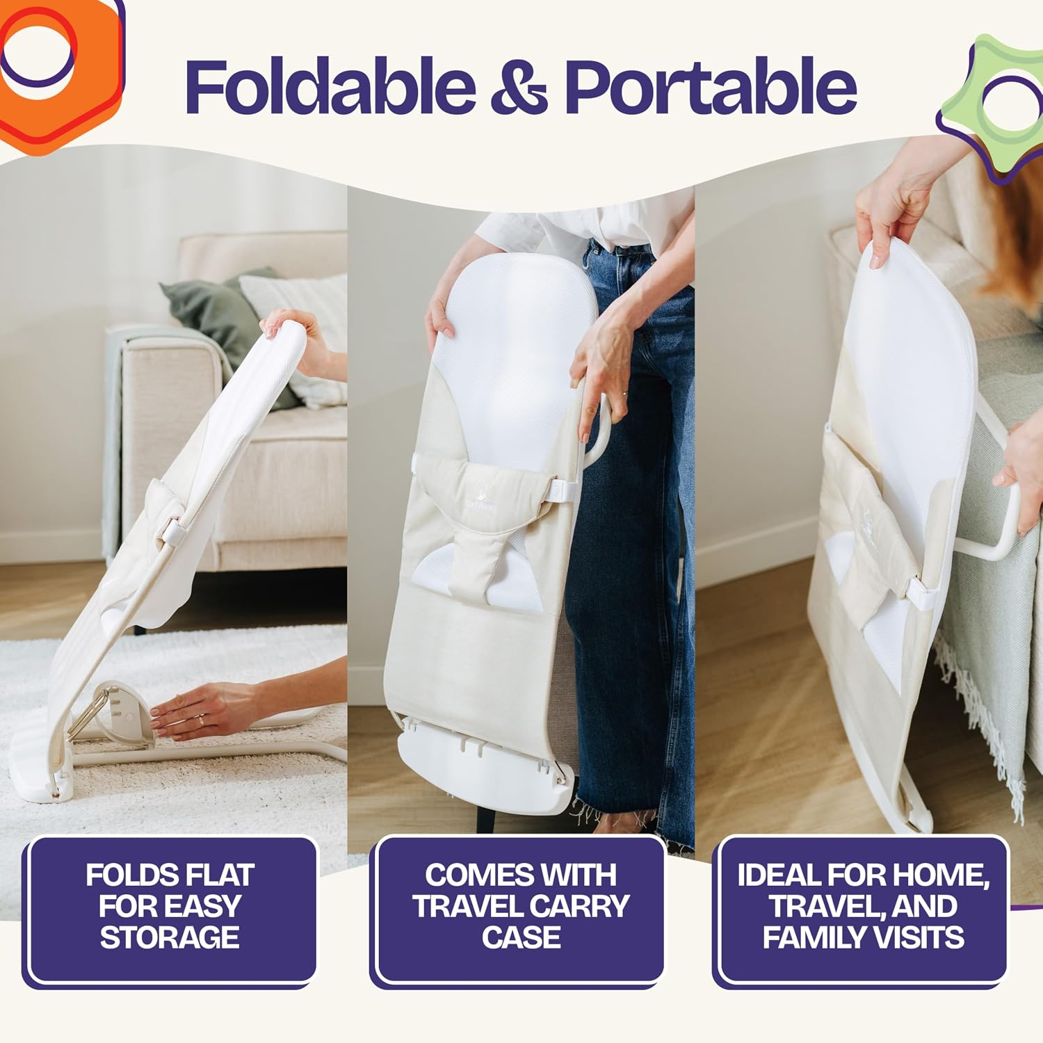 Detalle 2 de ComfyBumpy Baby Bouncer Seat, Organic Cotton, Breathable Mesh, Foldable