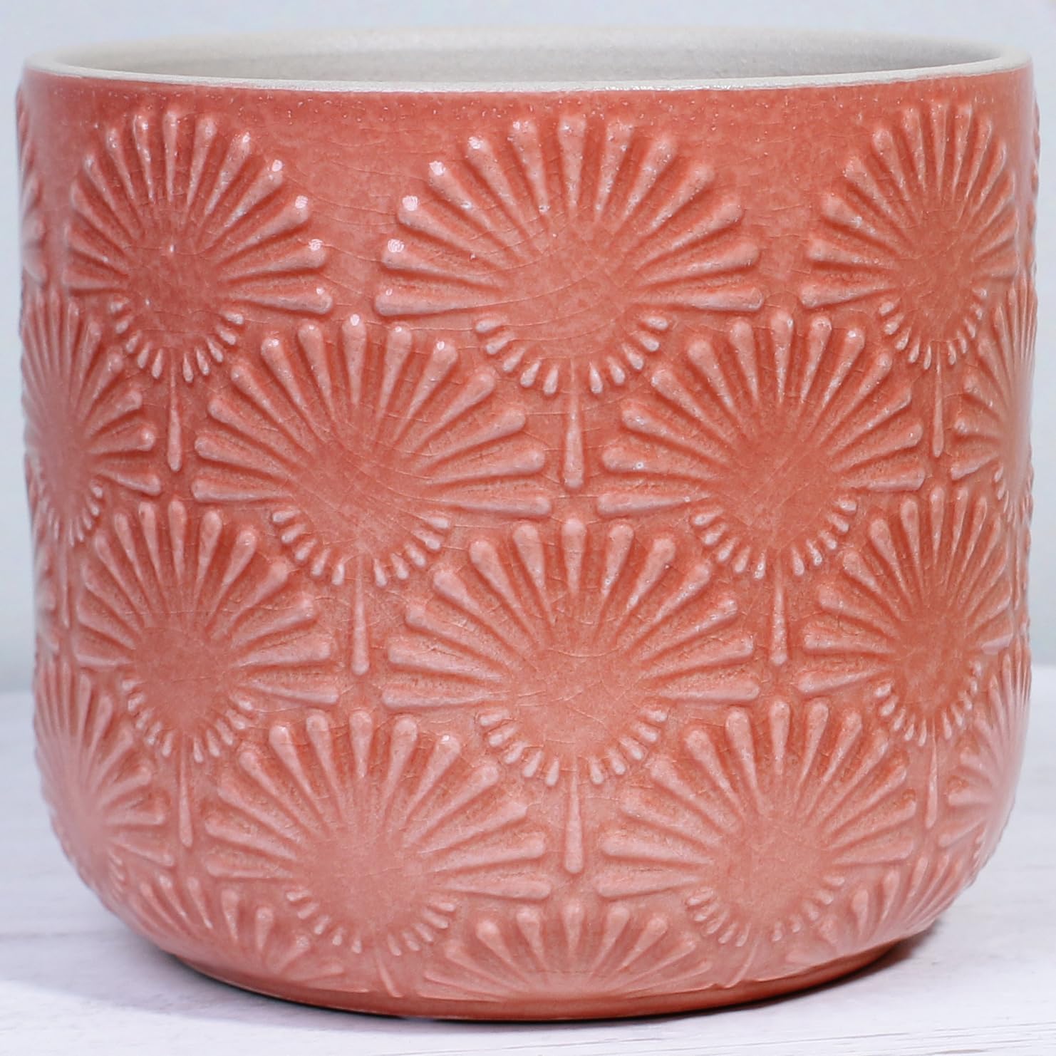 Detalle de Xiaan Jiaju Coral Blush Ceramic Planter with Fanburst Texture and Drainage Hole