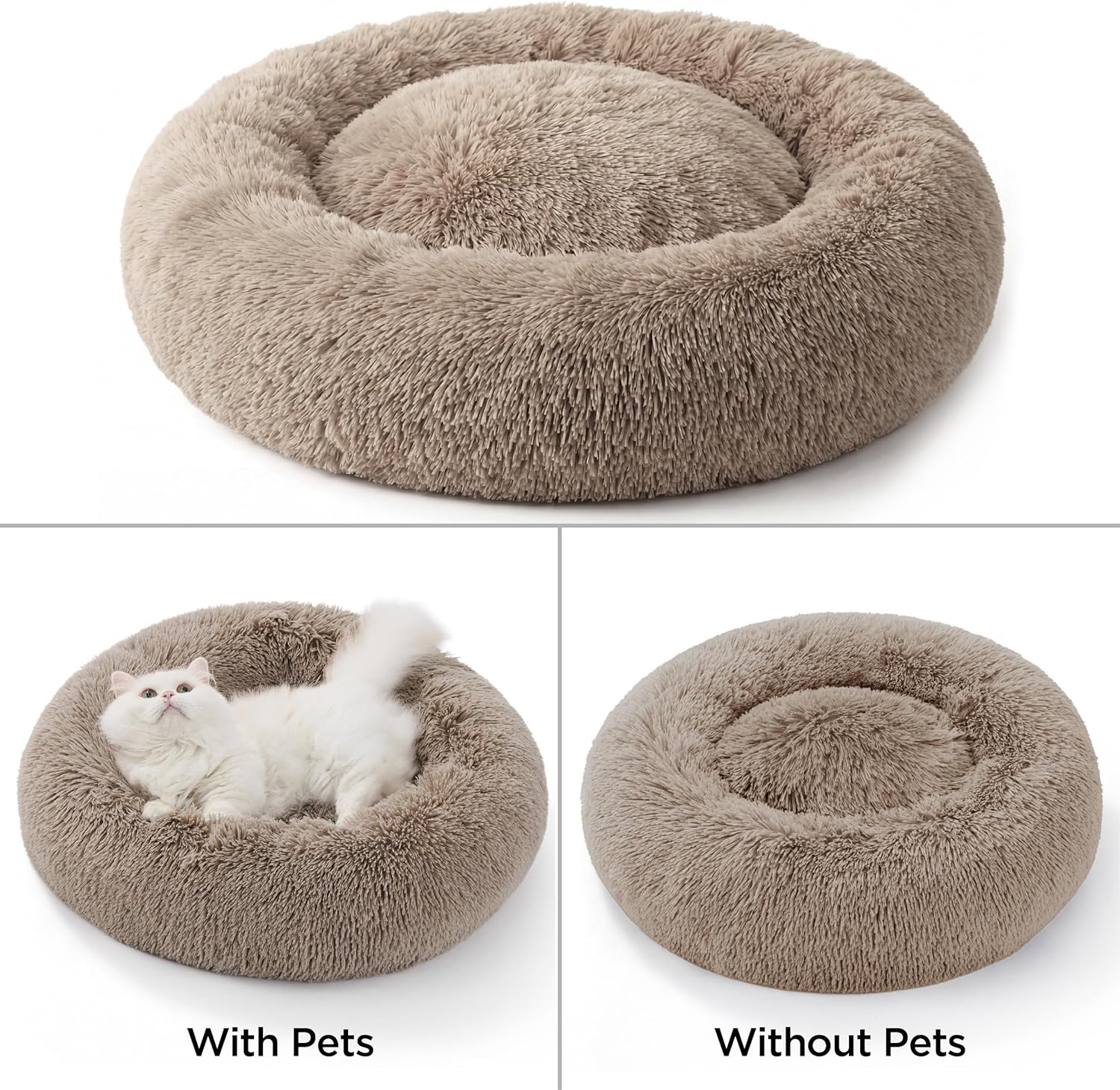 Thumbnail 1 de Bedsure Plush Round Cat Bed (60x60x14cm) – Washable Large Calming Pet Bed, Camel