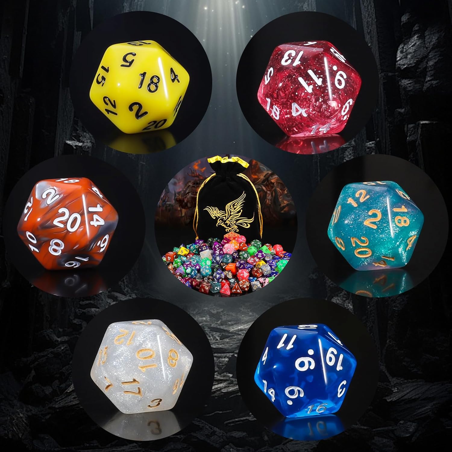 Detalle de QMay 30 Sets Polyhedral Dice – 210 Pieces with a Large Drawstring Bag