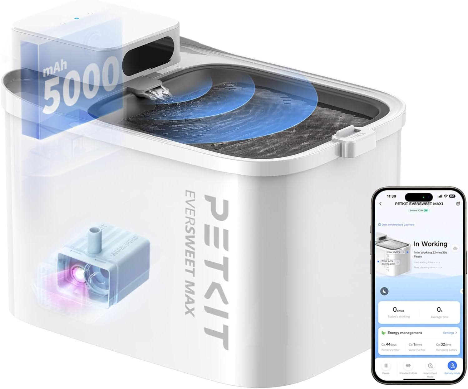 Detalle de PETKIT EVERSWEET MAX Wireless Cat Water Fountain (UVC Pump, 3L, App Control) with Rechargeable Battery