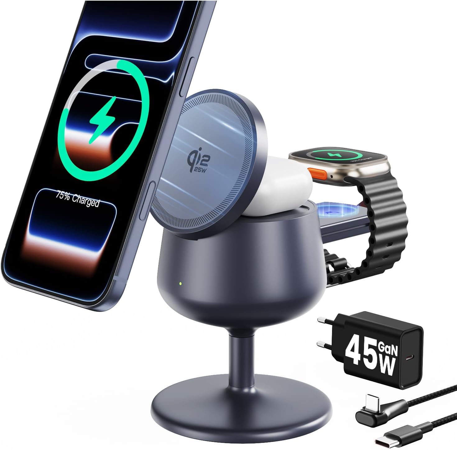 Detalle de GEEKERA 3-in-1 laadstation met Qi2.2, 25W en 45W GaN-adapter
