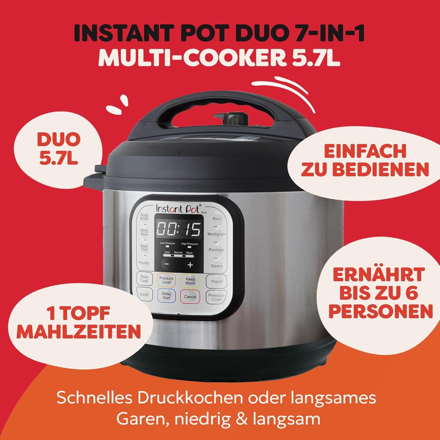 Thumbnail 1 de Instant Pot Duo 7-in-1 Multikocher mit 5,7 l Edelstahlgehäuse – großer Schnellkochtopf für Druck, Dampf & mehr
