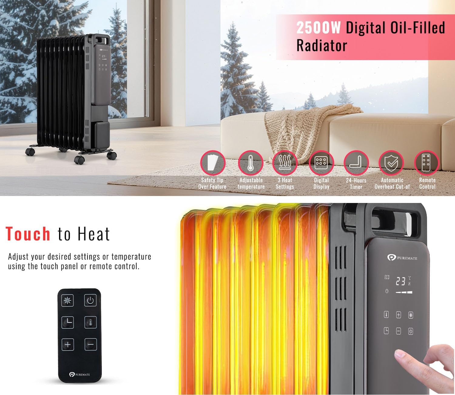 Thumbnail 5 de PureMate 2500W oil-filled radiator with timer