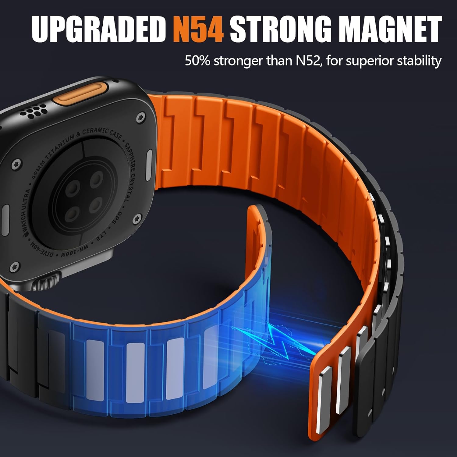 Thumbnail 1 de SNBLK Magnetic Band for Apple Watch Ultra & Series: Silicone Magnetic Strap in Black/Orange