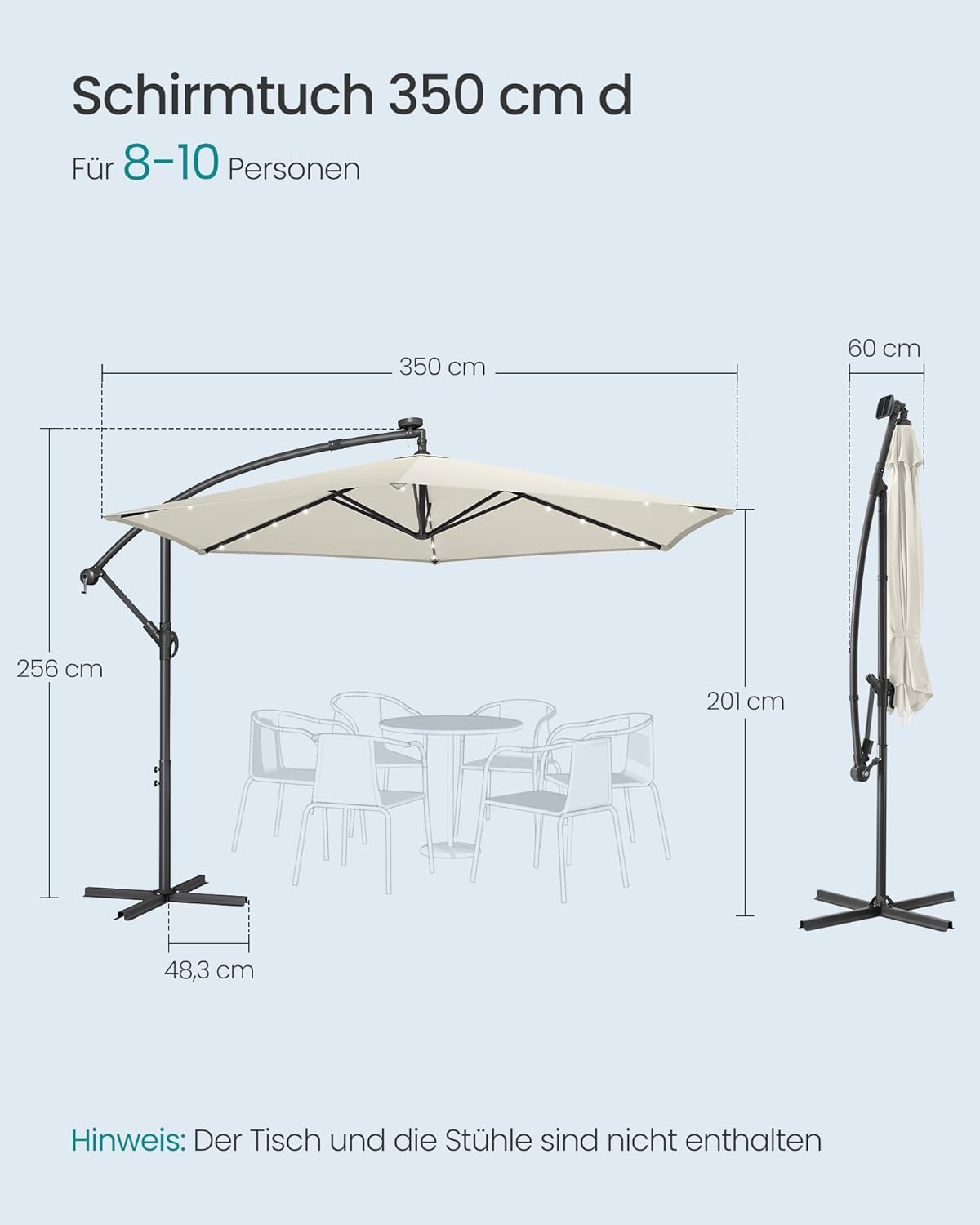 Thumbnail 5 de SONGMICS Sonnenschirm mit LED-Solar-Beleuchtung, Ampelschirm 350 cm Ø, UPF 50+, beige GPU119LZ01