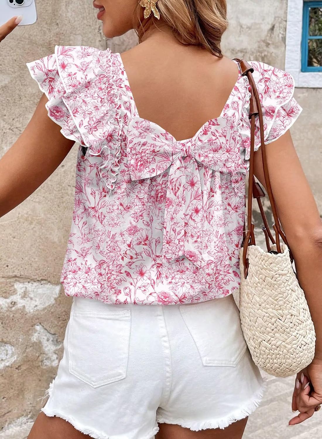 Detalle de Falechay Women’s Bow Tie Back Top – Round Neck, Ruffle Short Sleeve Babydoll Chiffon Tee