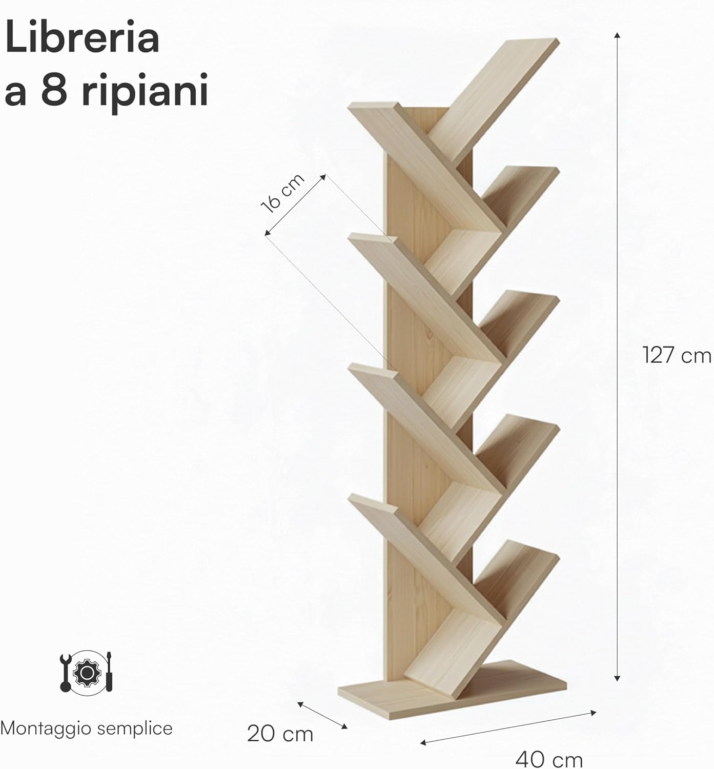 Detalle de Baroni Home Libreria ad Albero Salvaspazio a 8 Ripiani, 20x40x127 cm – Porta libri verticale per soggiorno, studio e cameretta