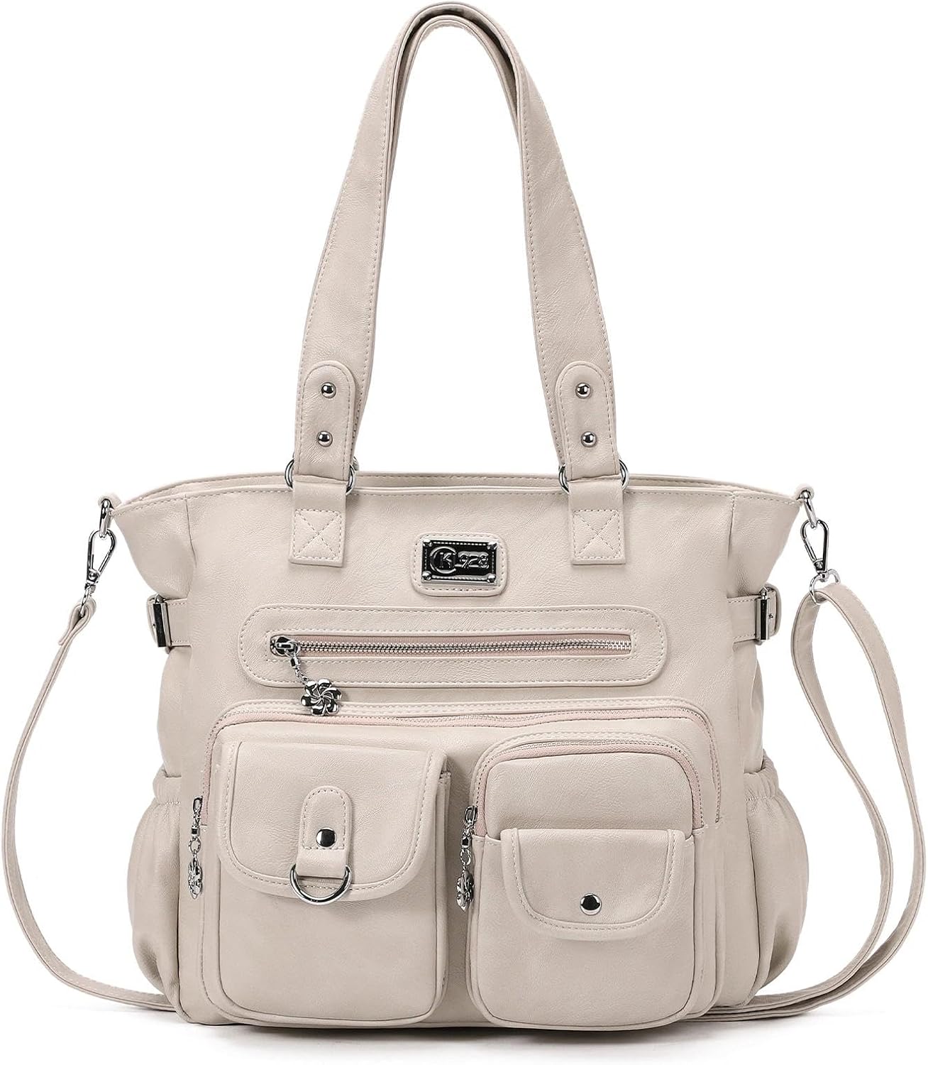 KL928 Handtasche Damen Umhängetasche Schultertasche mit vielen Fächern (KL928), Hellgrau Beige Cream