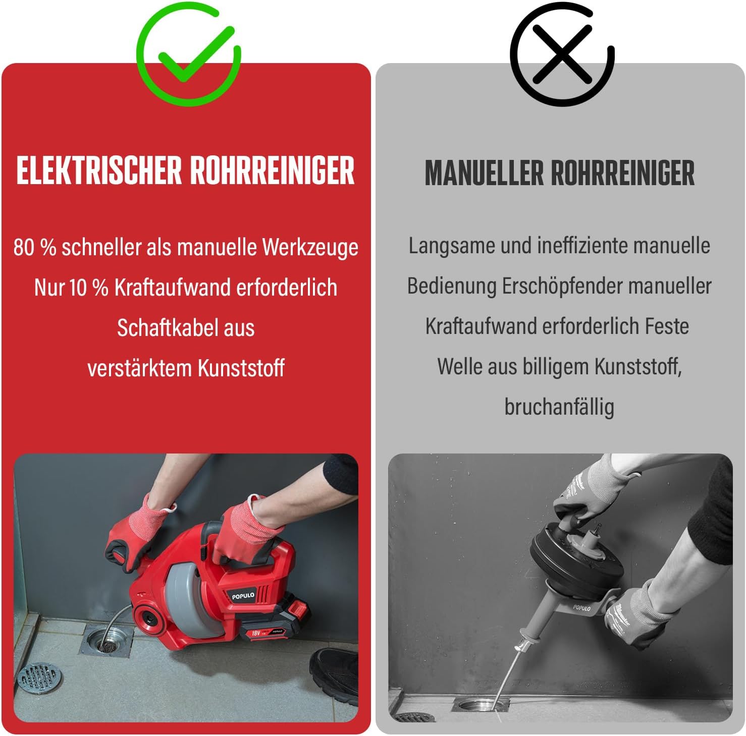 Detalle 2 de POPULO Rohrreinigungsspirale Akku-Rohrreiniger, 7,6m 18V Elektrischer Abflussreiniger für 18-65mm Rohrverstopfungen Verwendet, Geeignet für WC, Kanalisation, Badewanne, Küchenspüle und Waschbecken
POPULO Rohrreinigungsspirale Akk…
