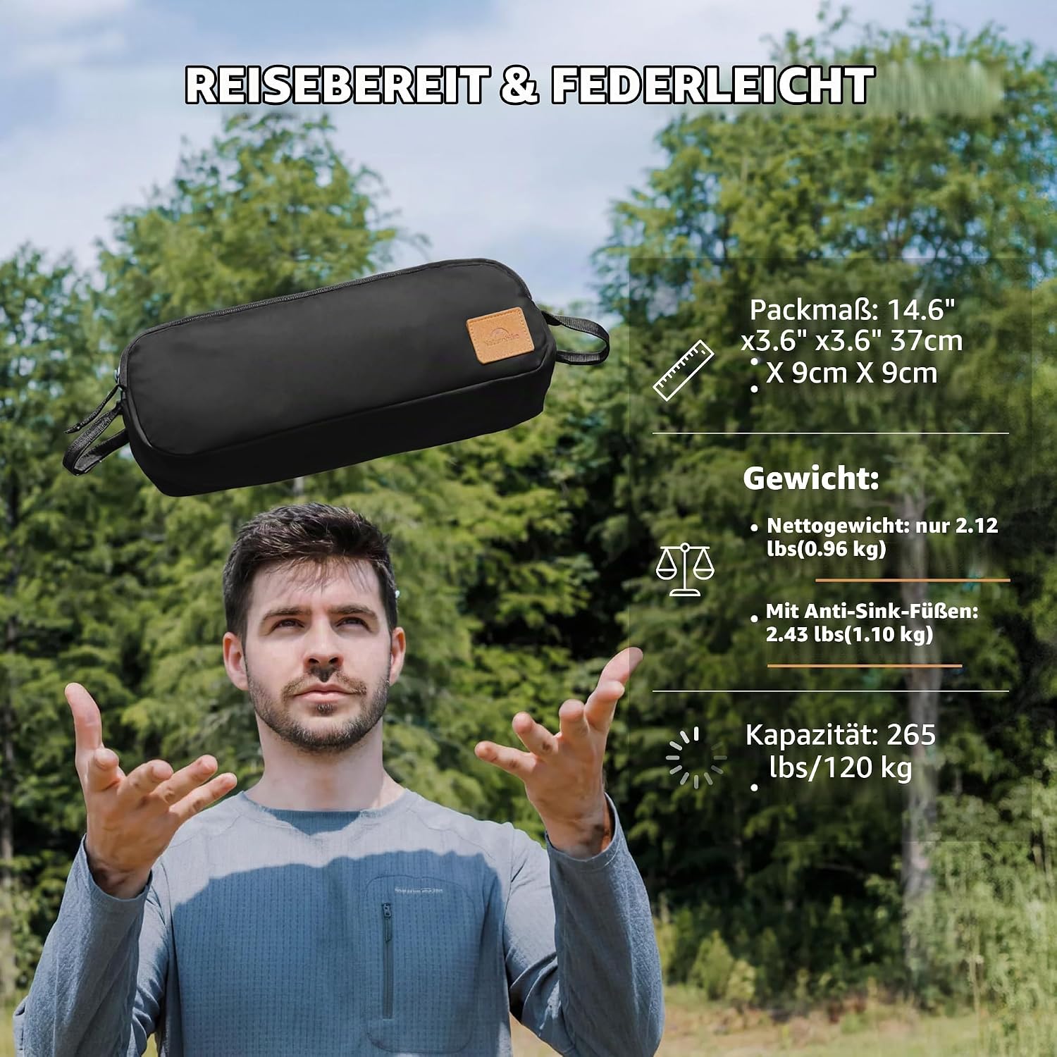 Detalle de Naturehike Campingstuhl Faltbar – ultraleicht & kompakt (Schwarz)