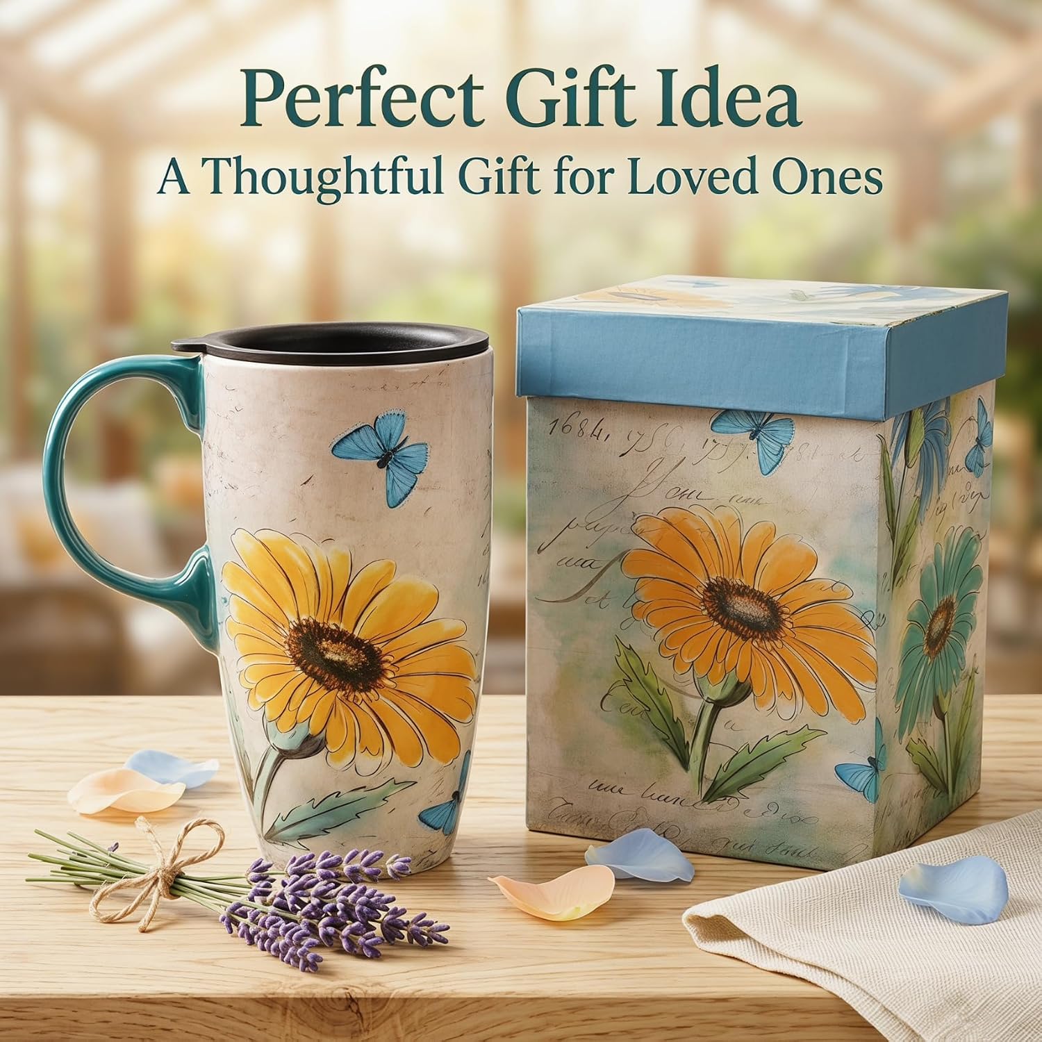 Detalle de Topadorn Ceramic Travel Mug with Spill-Resistant Lid, 17oz (500ml) in Blue Daisy Print