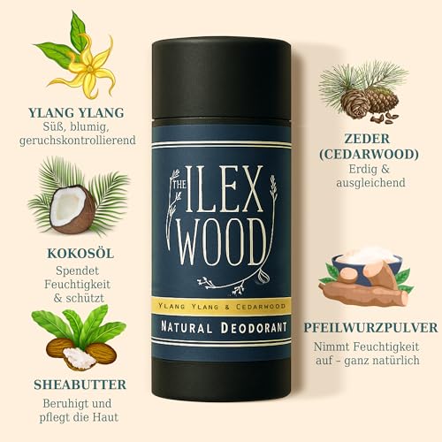 Detalle de The Ilex Wood Ylang-Ylang & Zedernholz Naturdeodorant Vegan 70 ml – handgefertigt, plastikfrei