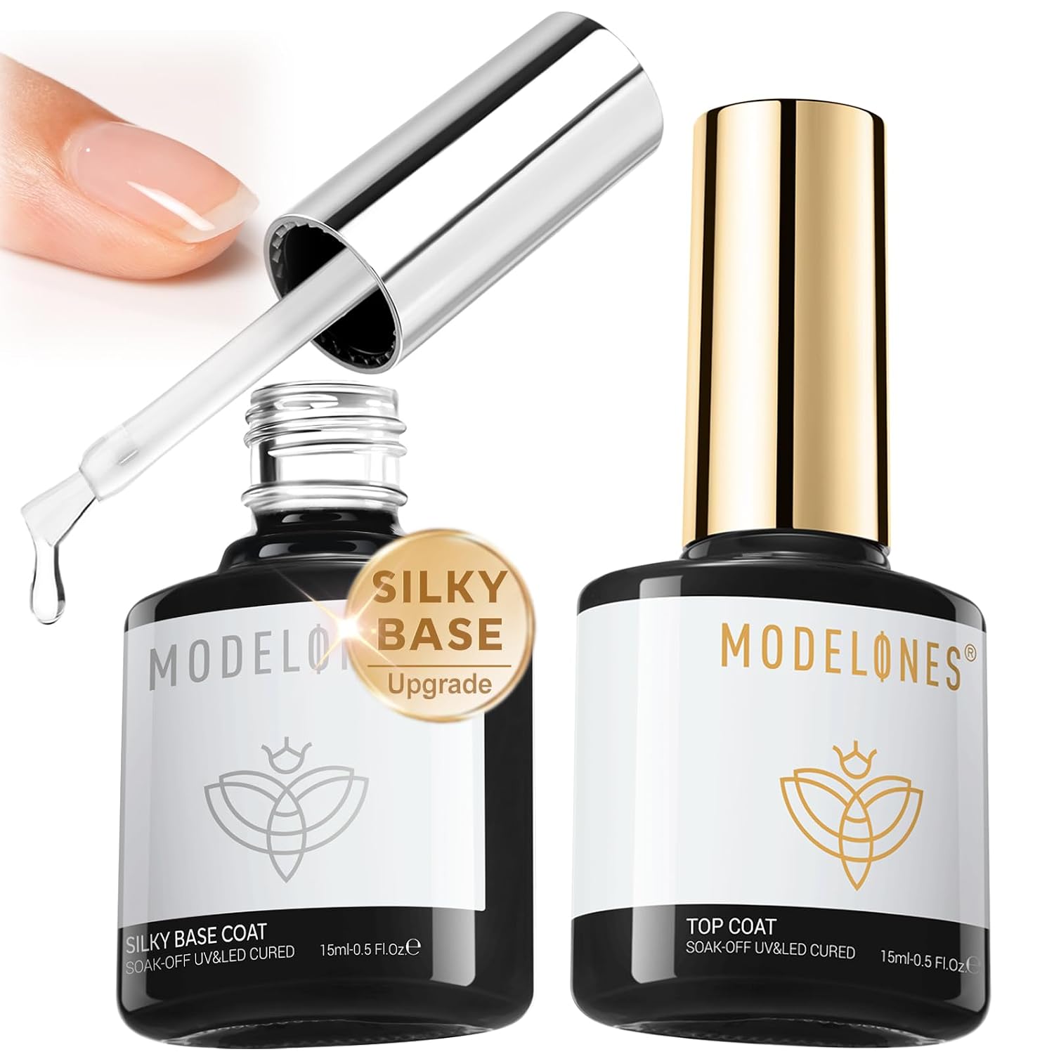 Detalle de modelones Gel Nail Polish Top Base Coat Set (Silky Base + Extra Glossy No Wipe Top Coat), Clear Gel, 15 mL