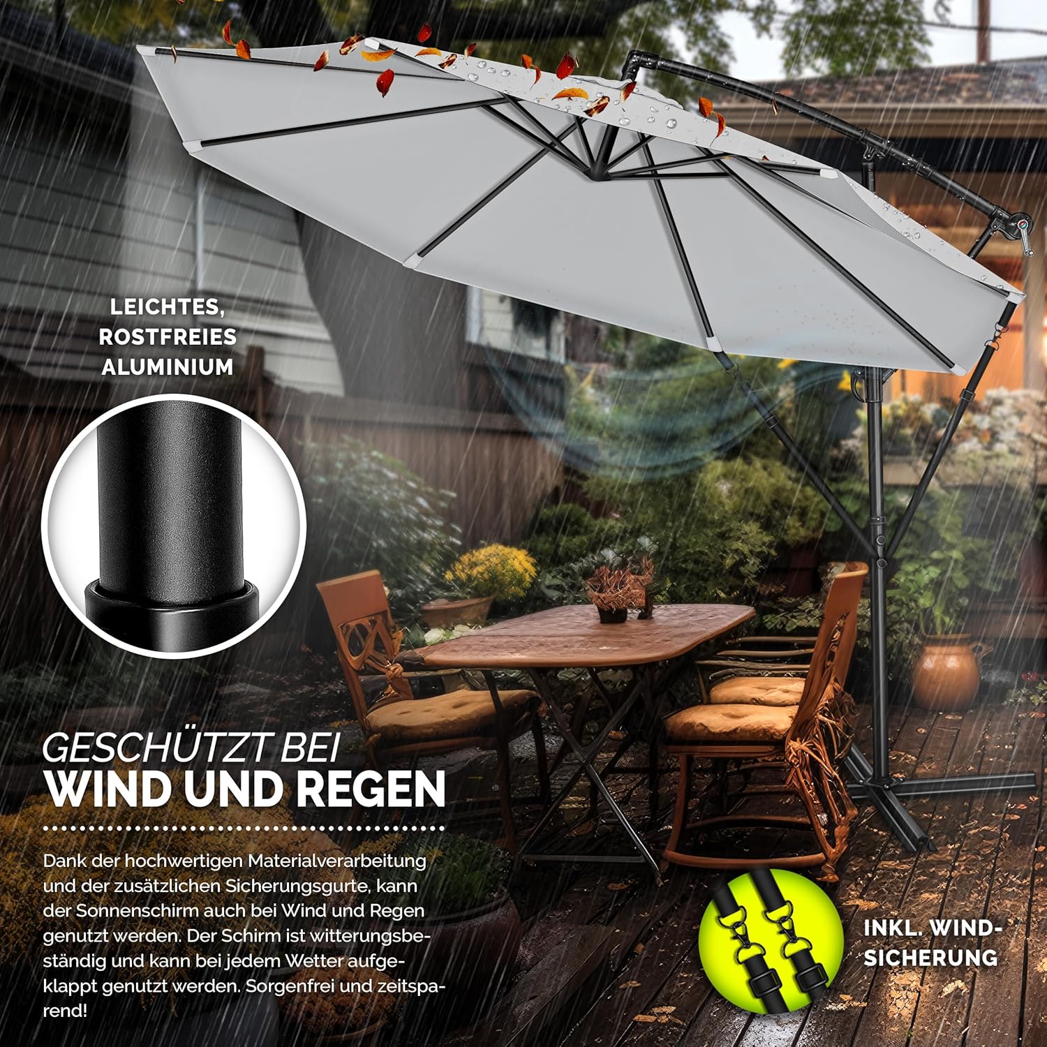 Thumbnail 3 de tillvex Alu Ampelschirm Ø 300 cm mit Kurbel – UV-Schutz, Windschutz, 360° Drehung