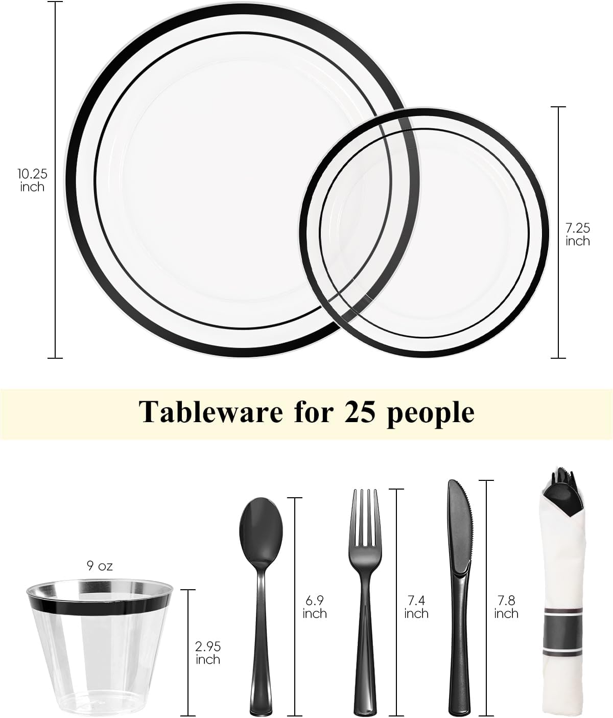 Detalle 2 de Goodluck 175-Piece Disposable Clear and Black Party Dinnerware Set: 50 Plates, 25 Cups, 25 Napkin Bundles
