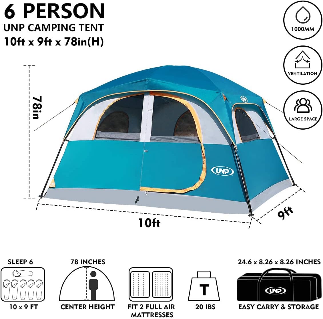 Detalle 2 de UNP 6 Person Family Camping Tent with Rainfly — Easy Setup, 90 sq ft