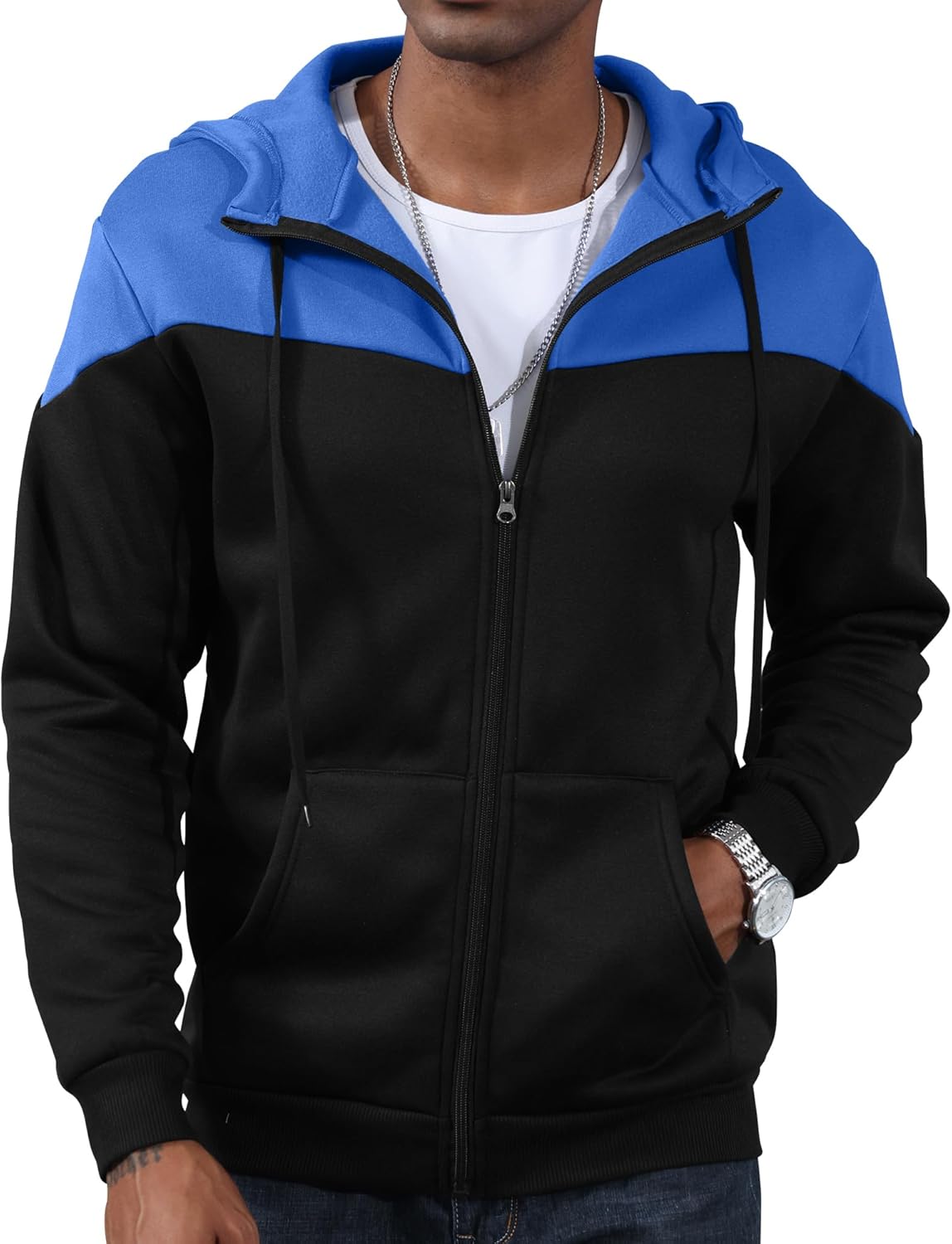 Detalle de Mens Fleece Zip Up Hooded Sweatshirt Patchwork – Casual Warm Hoodie