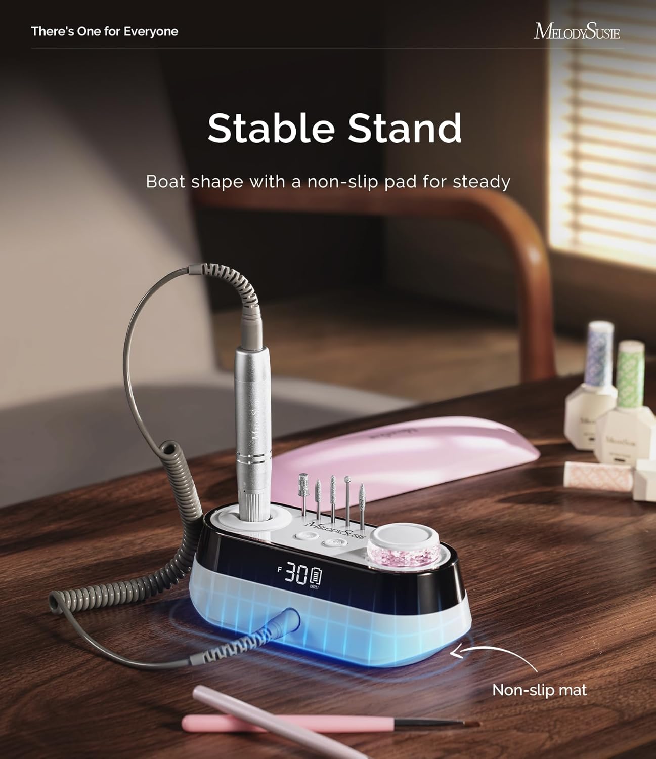 Detalle de MelodySusie SC320A Advanced Desktop Rechargeable Nail Drill with Built-in Storage