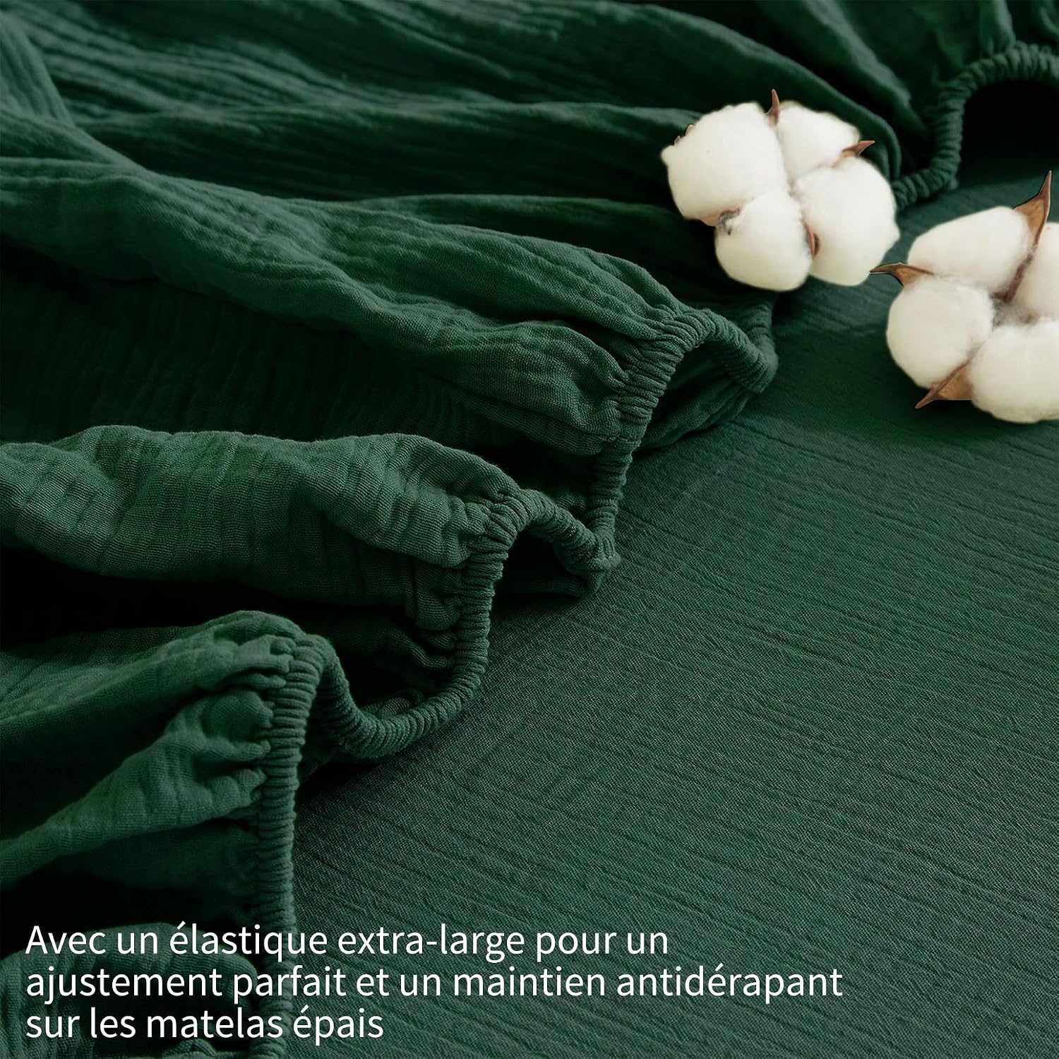 Thumbnail 4 de YASMENG Drap-housse 180x200 en gaze de coton certifié Oeko-Tex, vert foncé, bonnet 30 cm