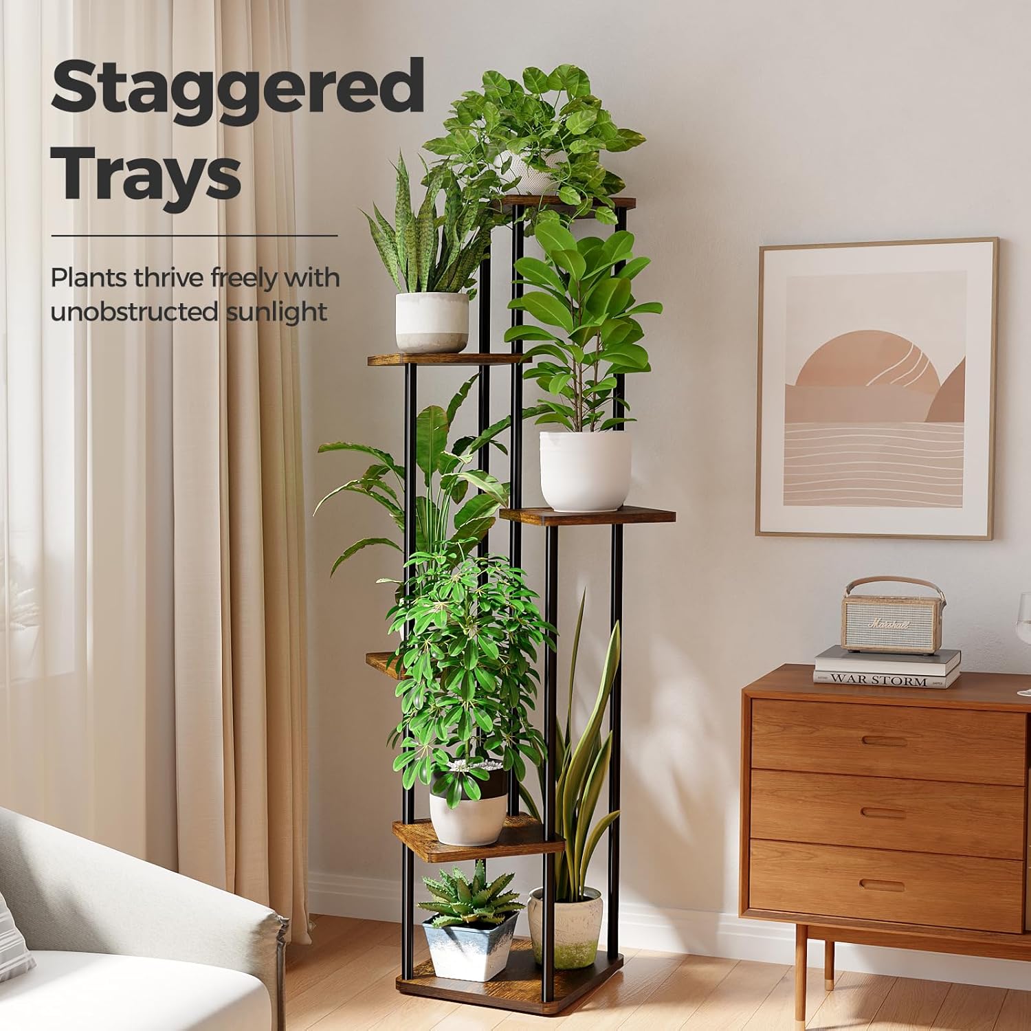 Detalle 2 de Bamworld 6-Tier Plant Stand, 51.2-Inch Metal and Wood Corner Shelf